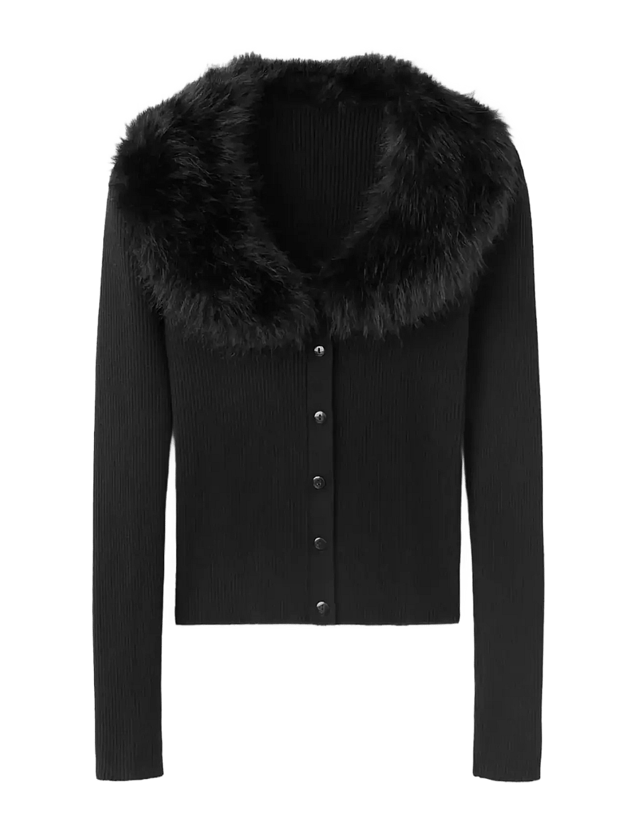 Mango - Cardigan detachable fur-effect collar - black - 1