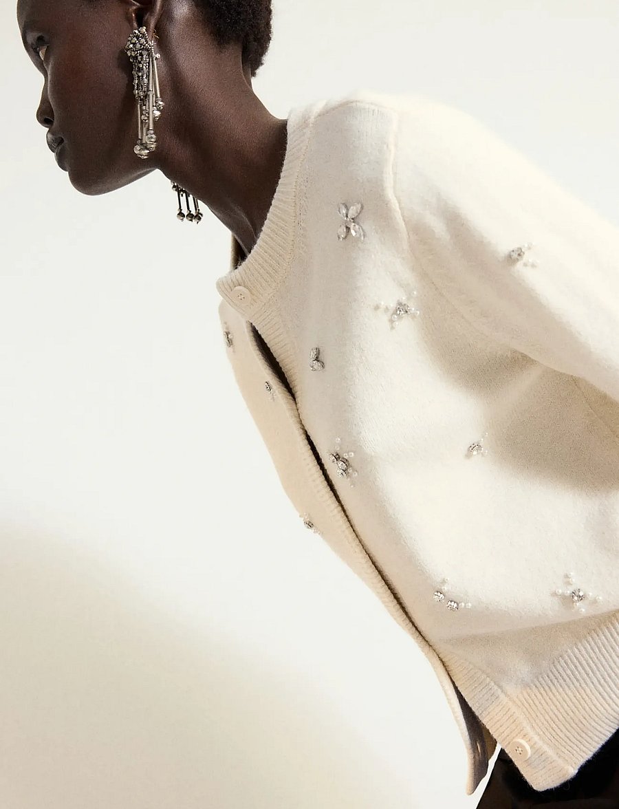 Mango - Cardigan with beads and rhinestones - koftor - light beige - 0