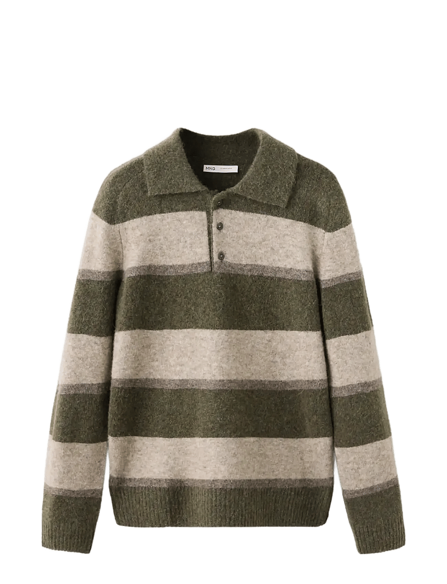 Mango - Striped alpaca wool blend polo jumper - långärmade stickade pikétröjor - dark green - 0