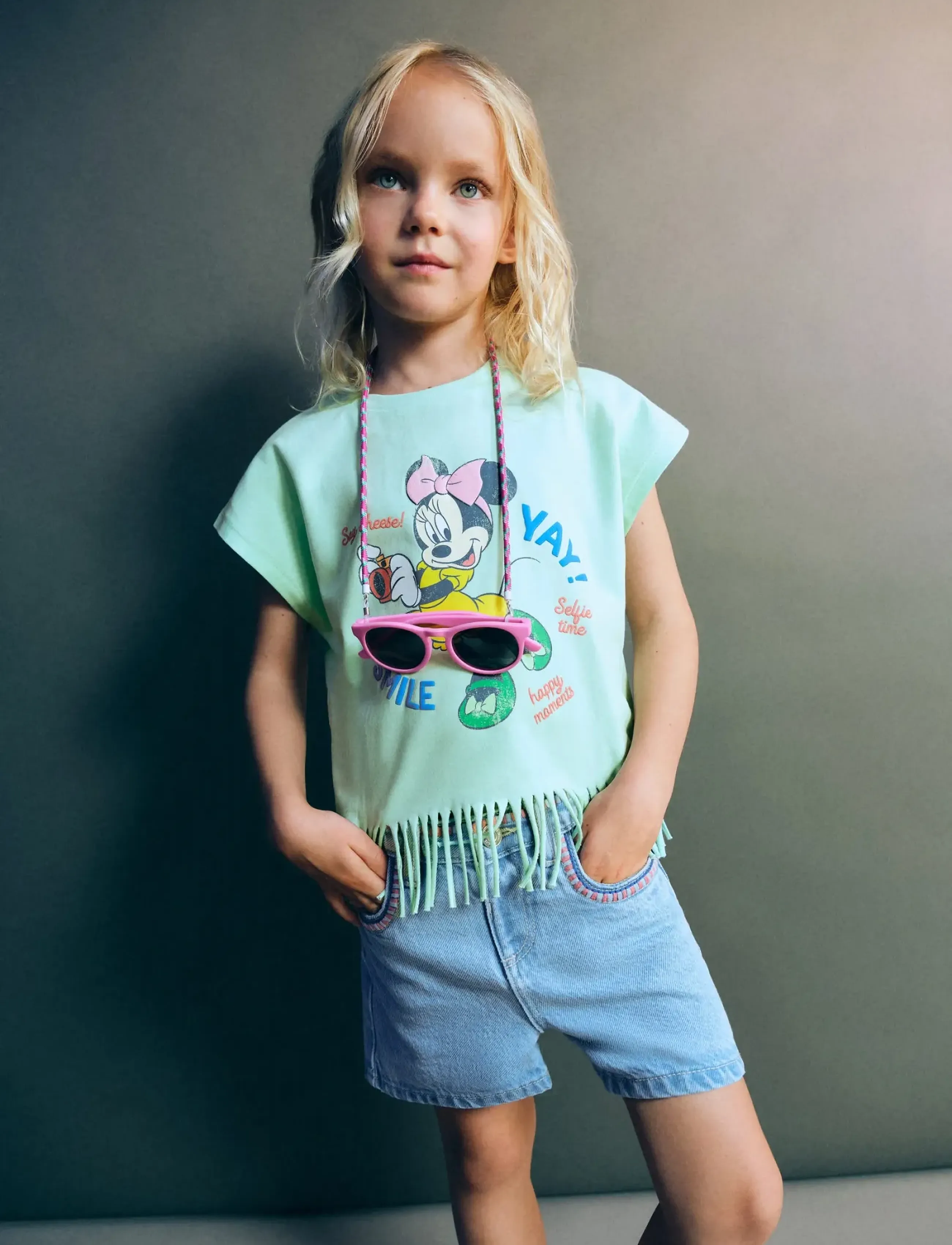 Mango Minnie Mouse Fringed T-Shirt, 98, T-shirts, Grün - Short-sleeved, Kinder