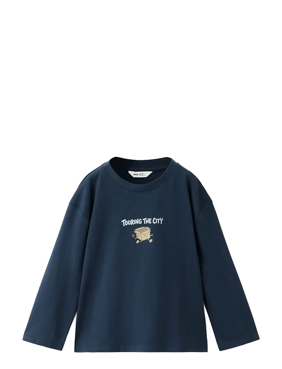 Mango - Printed cotton-blend t-shirt - langærmede t-shirts - navy - 0