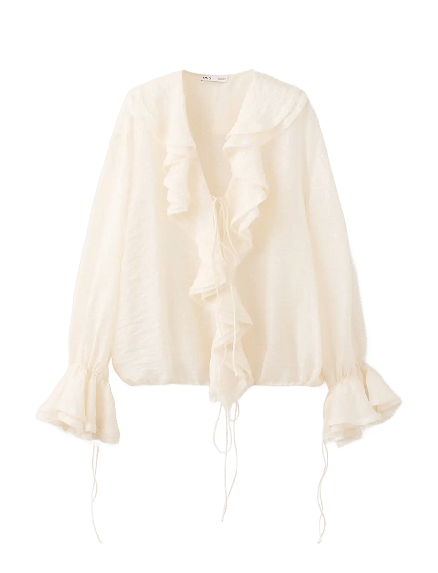 Mango - Ruffled lyocell blouse - långärmade blusar - light beige - 0