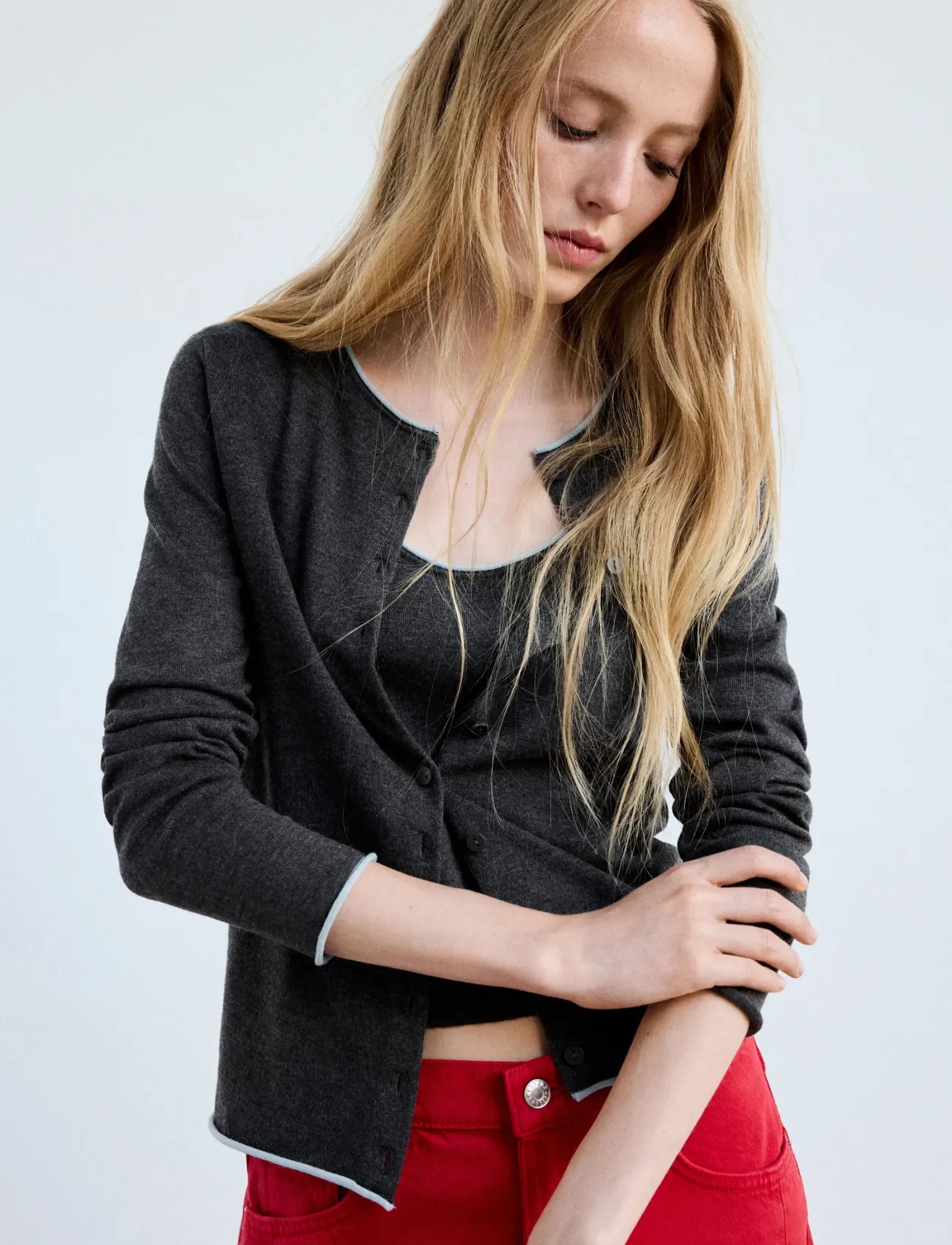 Mango - Contrast trim cardigan - koftor - grey - 0