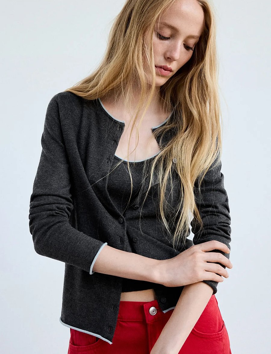 Mango - Contrast trim cardigan - koftor - grey - 0