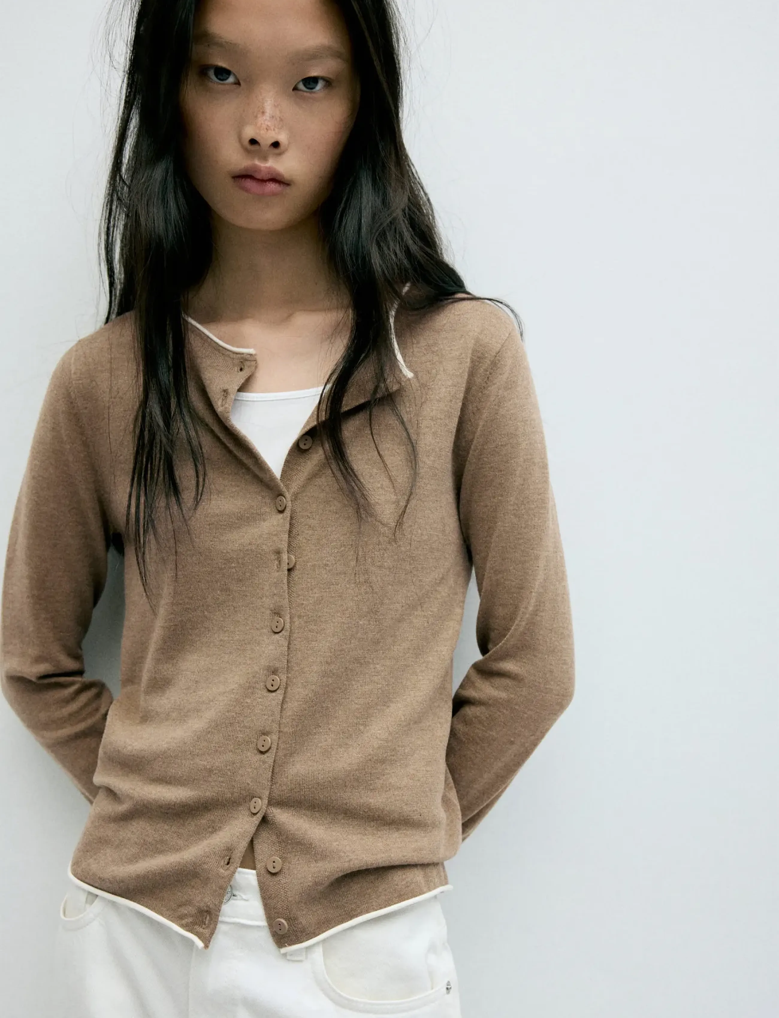 Mango - Contrast trim cardigan - cardigans - medium brown - 0