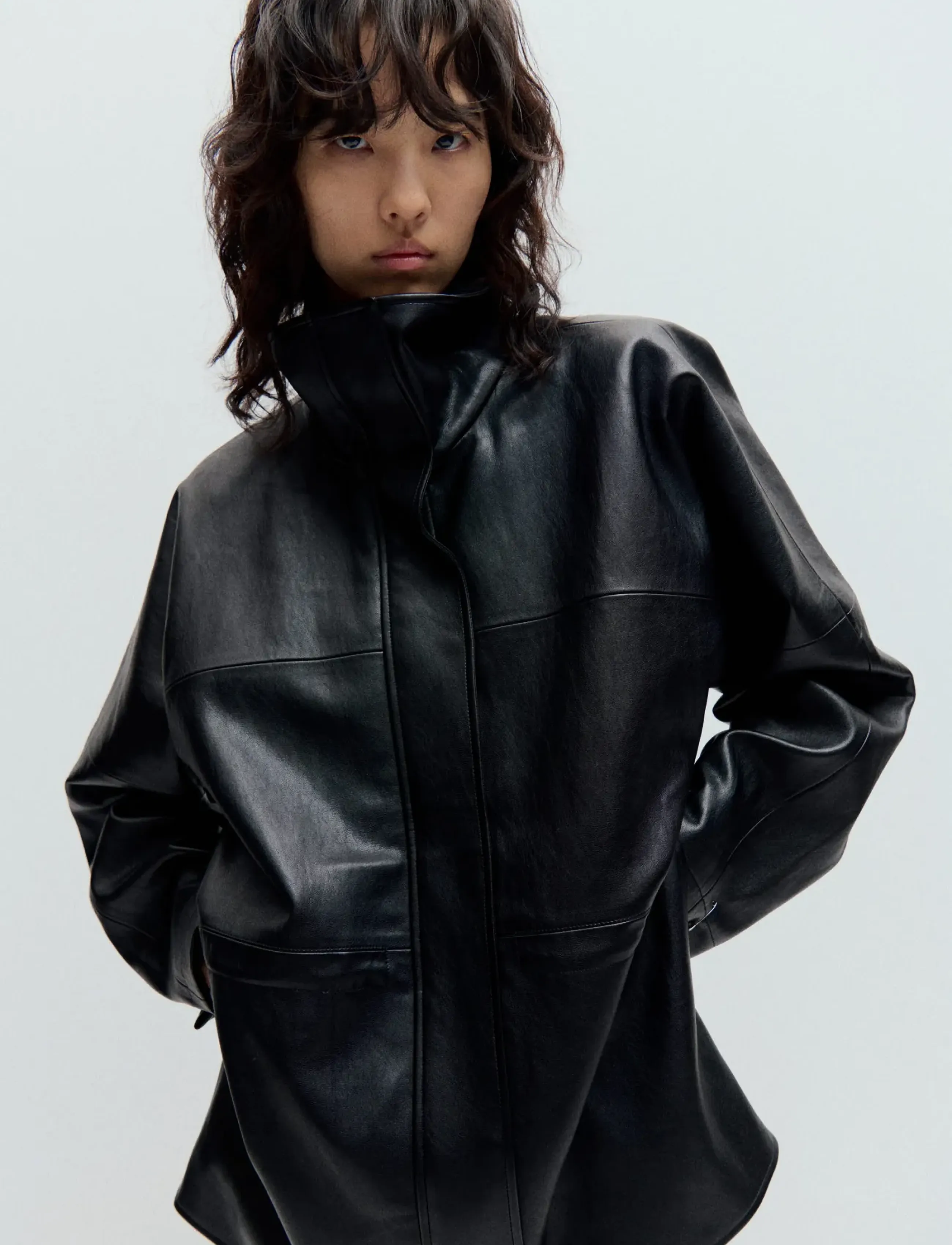 Mango Leather effect jacket with collar - Tøj - BLACK / black