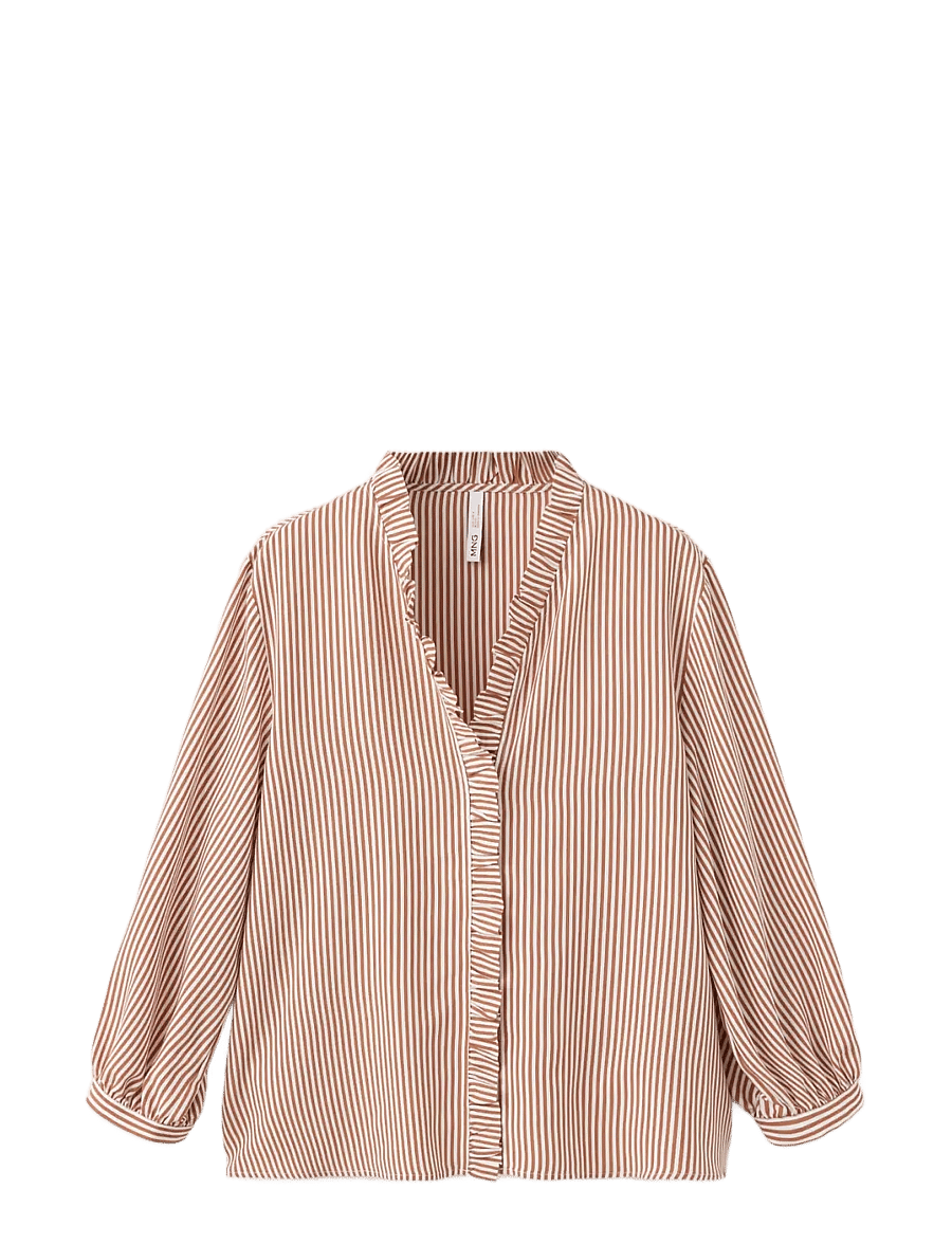Mango - Striped blouse with frill detail - långärmade blusar - brown - 1