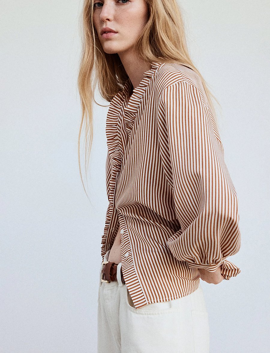 Mango - Striped blouse with frill detail - långärmade blusar - brown - 0