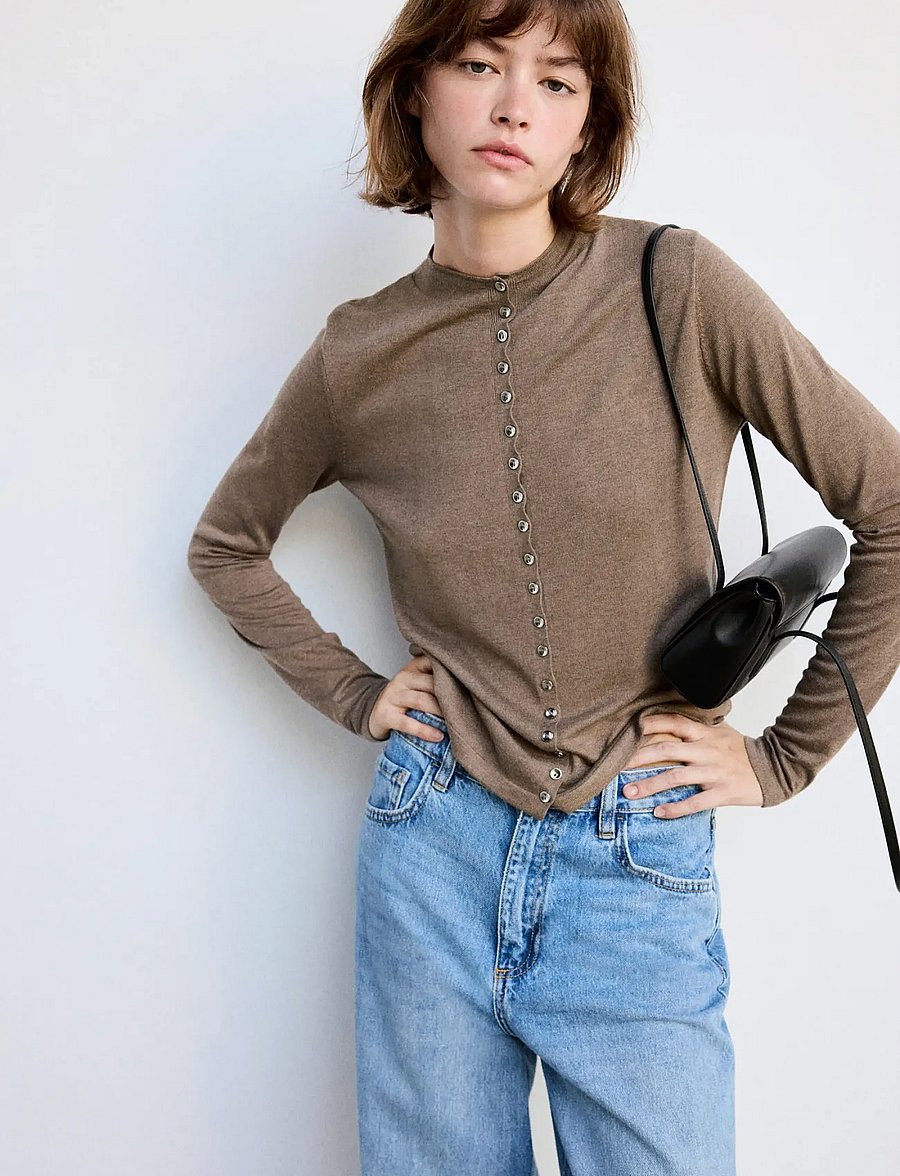 Mango - Fine-knit cardigan with metal buttons - koftor - medium brown - 0
