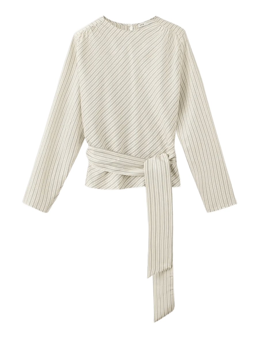 Mango - Striped blouse with tie at the waist - långärmade blusar - light beige - 1