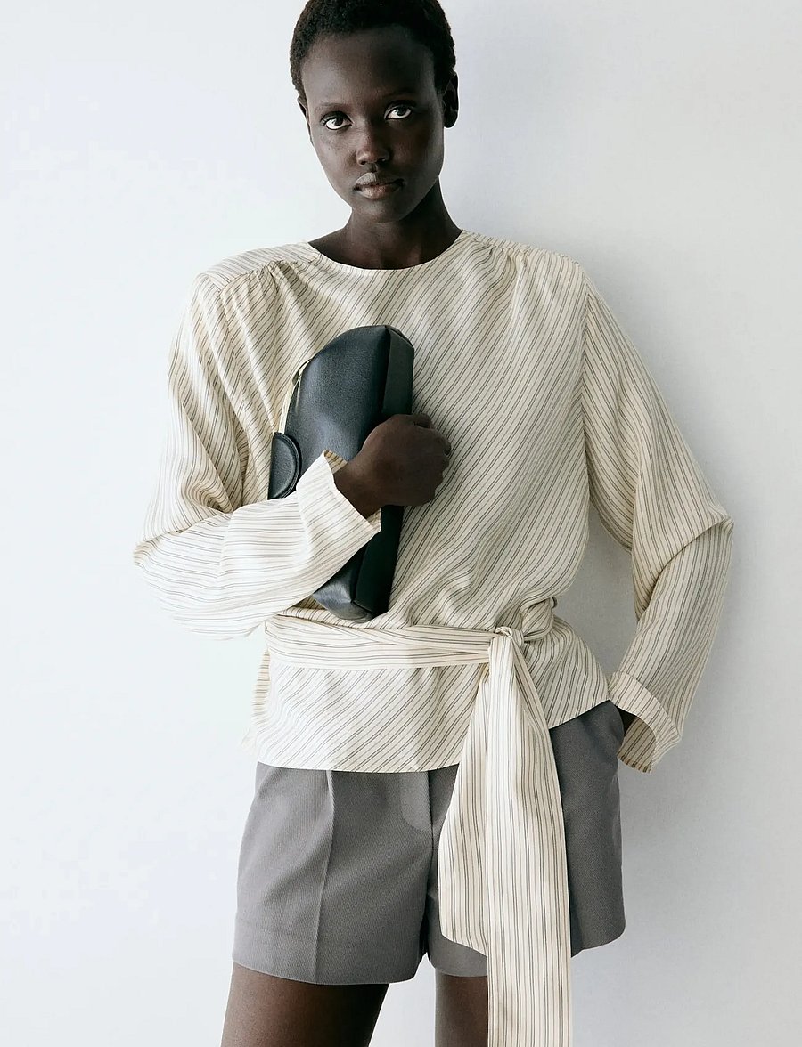 Mango - Striped blouse with tie at the waist - långärmade blusar - light beige - 0