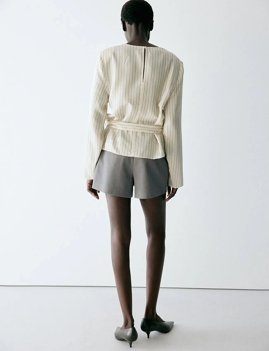 Mango - Striped blouse with tie at the waist - långärmade blusar - light beige - 2
