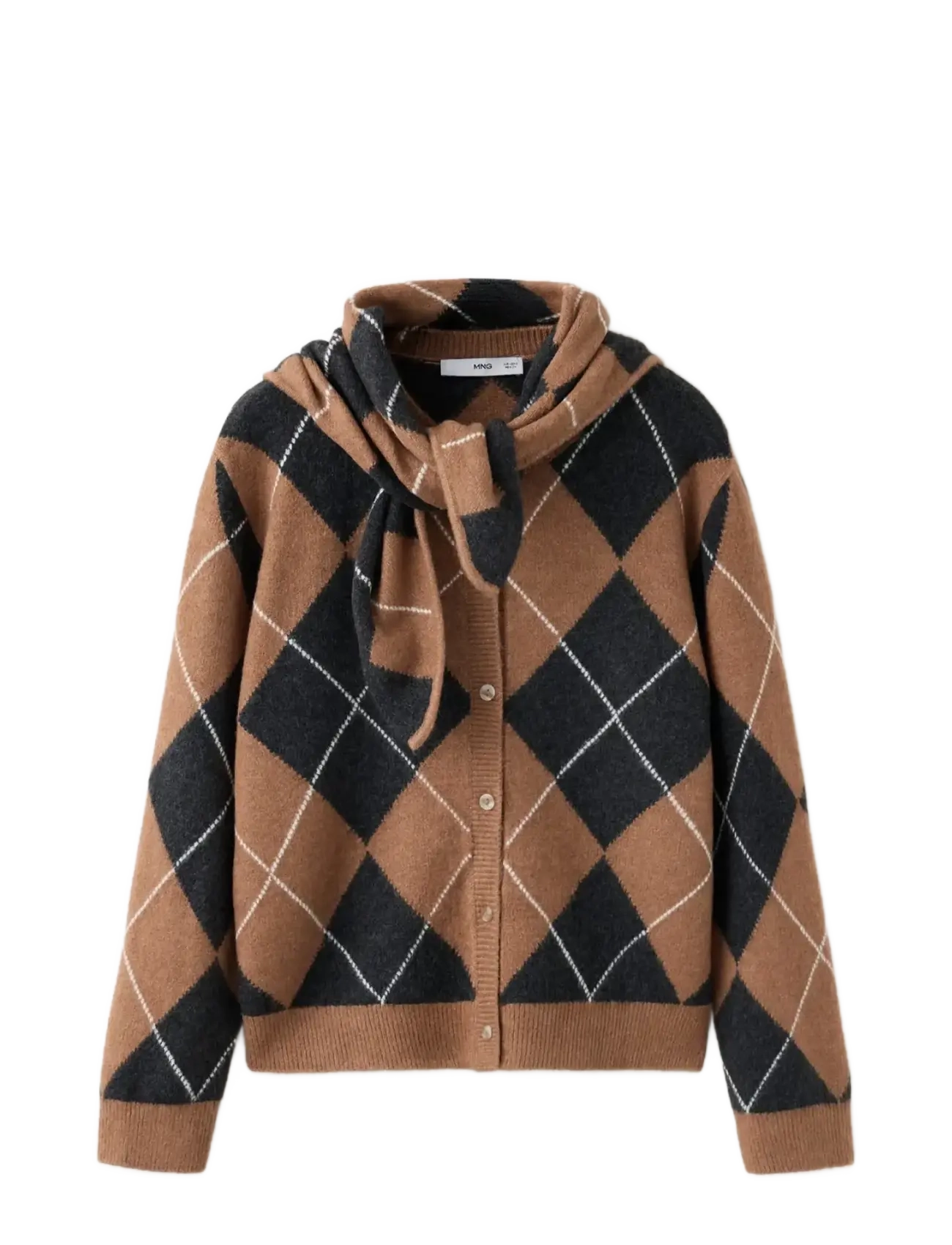 Mango Diamond-pattern cardigan with scarf detail - Cardigans - MEDIUM BROWN / brown