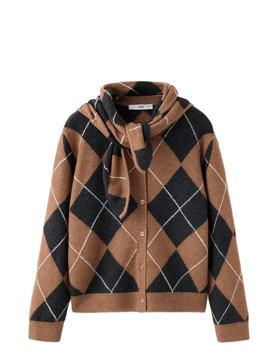 Mango - Diamond-pattern cardigan with scarf detail - cardigans - medium brown - 0