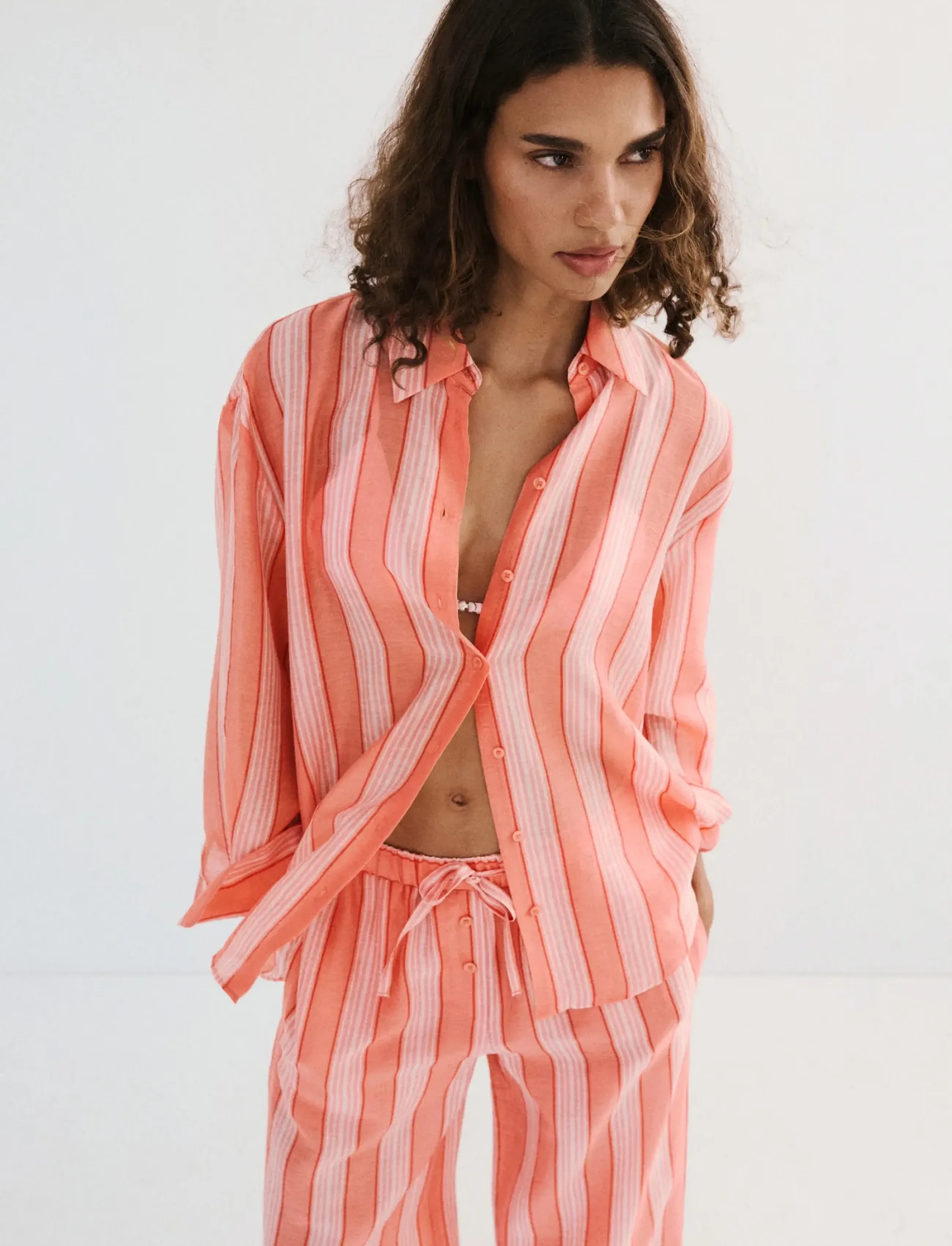 Mango Linen Lyocell Blend Stripe Shirt, L, Shirts, Orange - Frauen