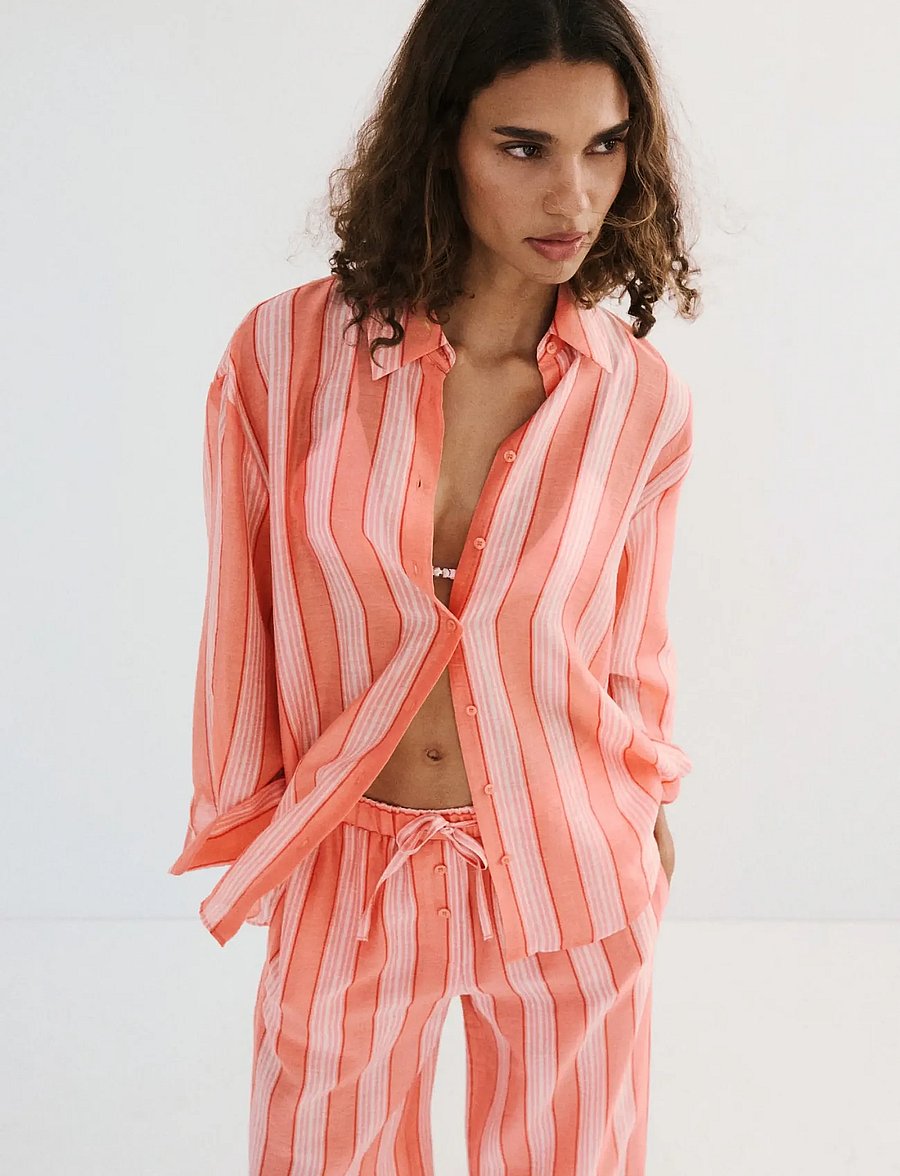 Mango - Linen lyocell blend stripe shirt - leinenhemden - orange - 0