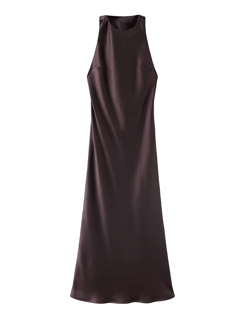 Mango - Back detail satin dress - slip dresses - dark brown - 1
