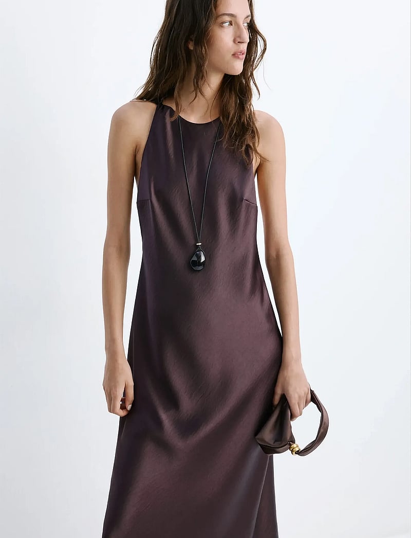 Mango - Back detail satin dress - slip dresses - dark brown - 0