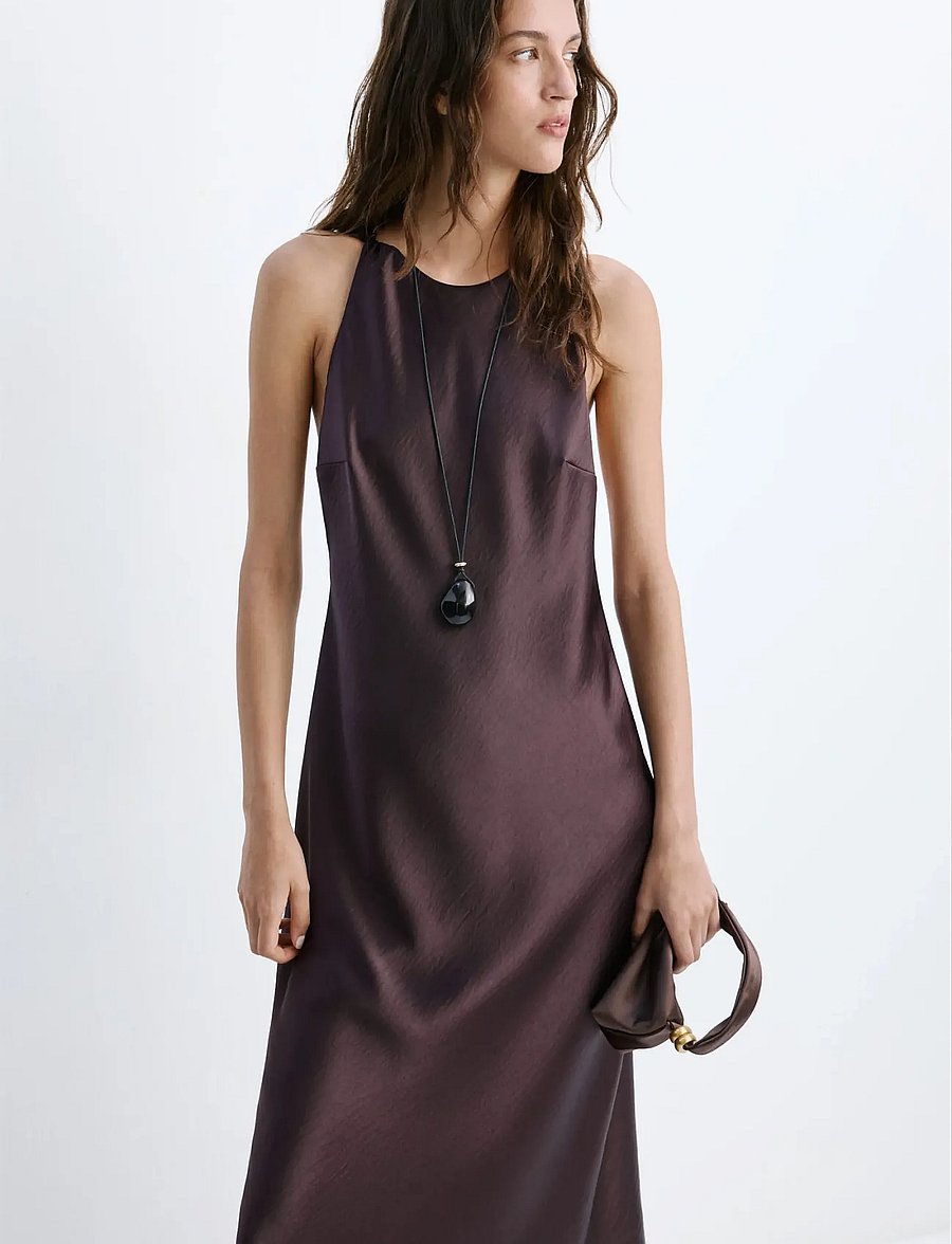Mango - Back detail satin dress - slipklänningar - dark brown - 0
