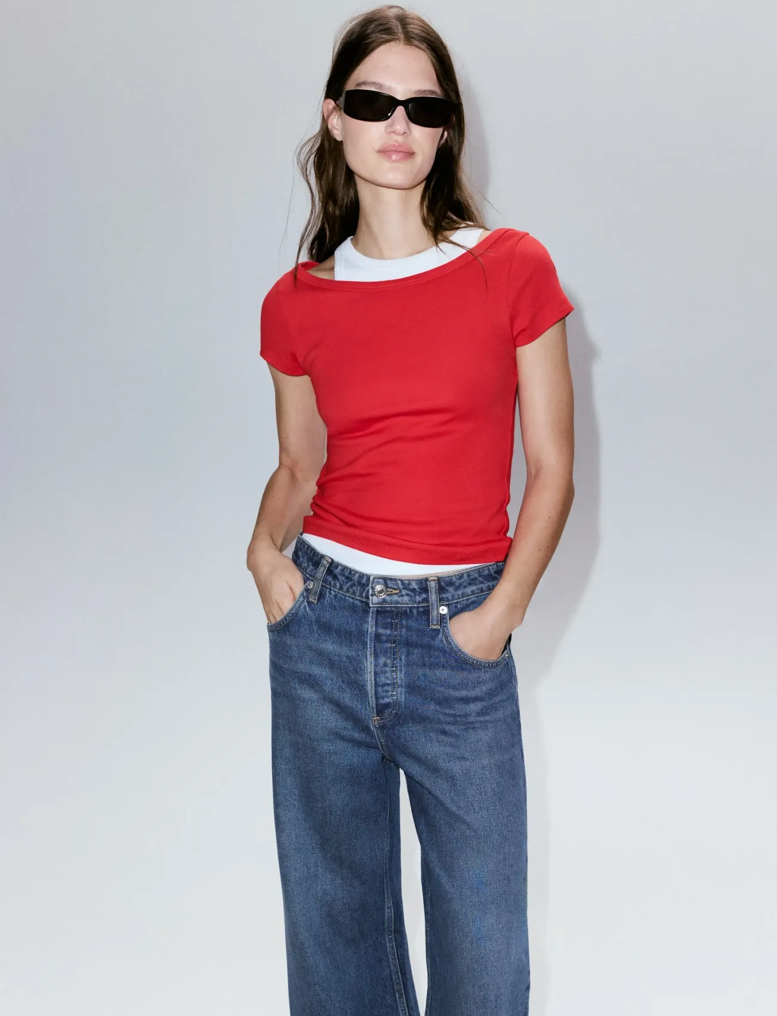 Mango Two-Tone Contrast T-Shirt, Kvinder, To-farvet T-shirt, Rød, Str: M