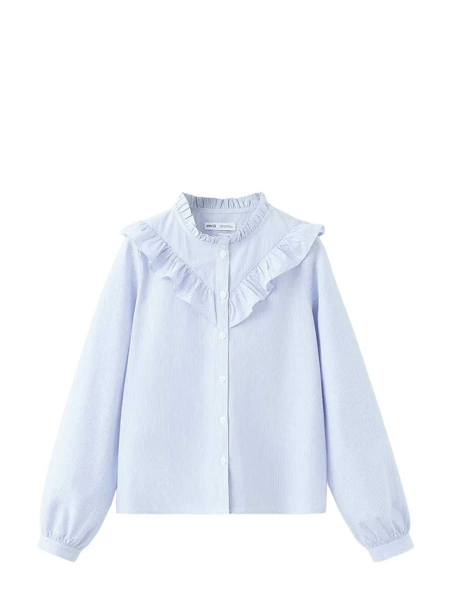 Mango - Ruffled cotton shirt - långärmade skjortor - medium blue - 0