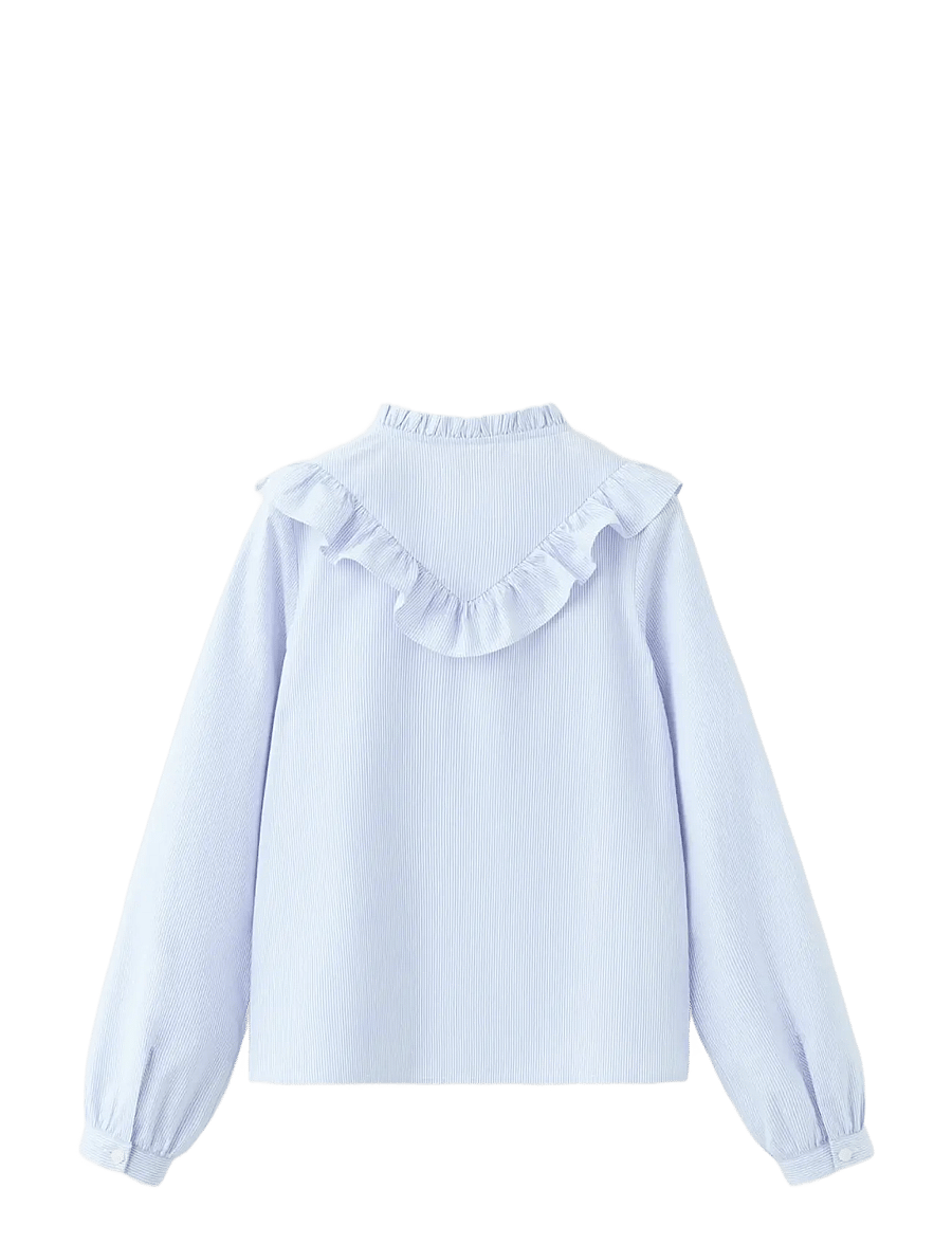 Mango - Ruffled cotton shirt - långärmade skjortor - medium blue - 1
