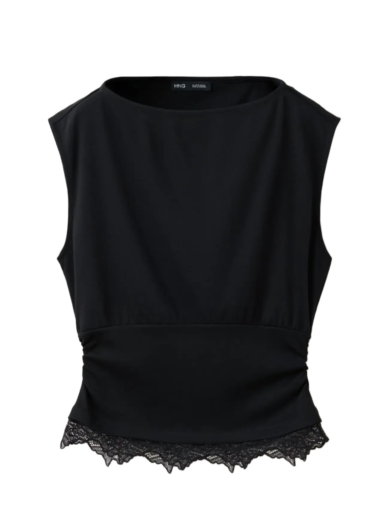 Mango Ruched lace top - Kläder - BLACK / black
