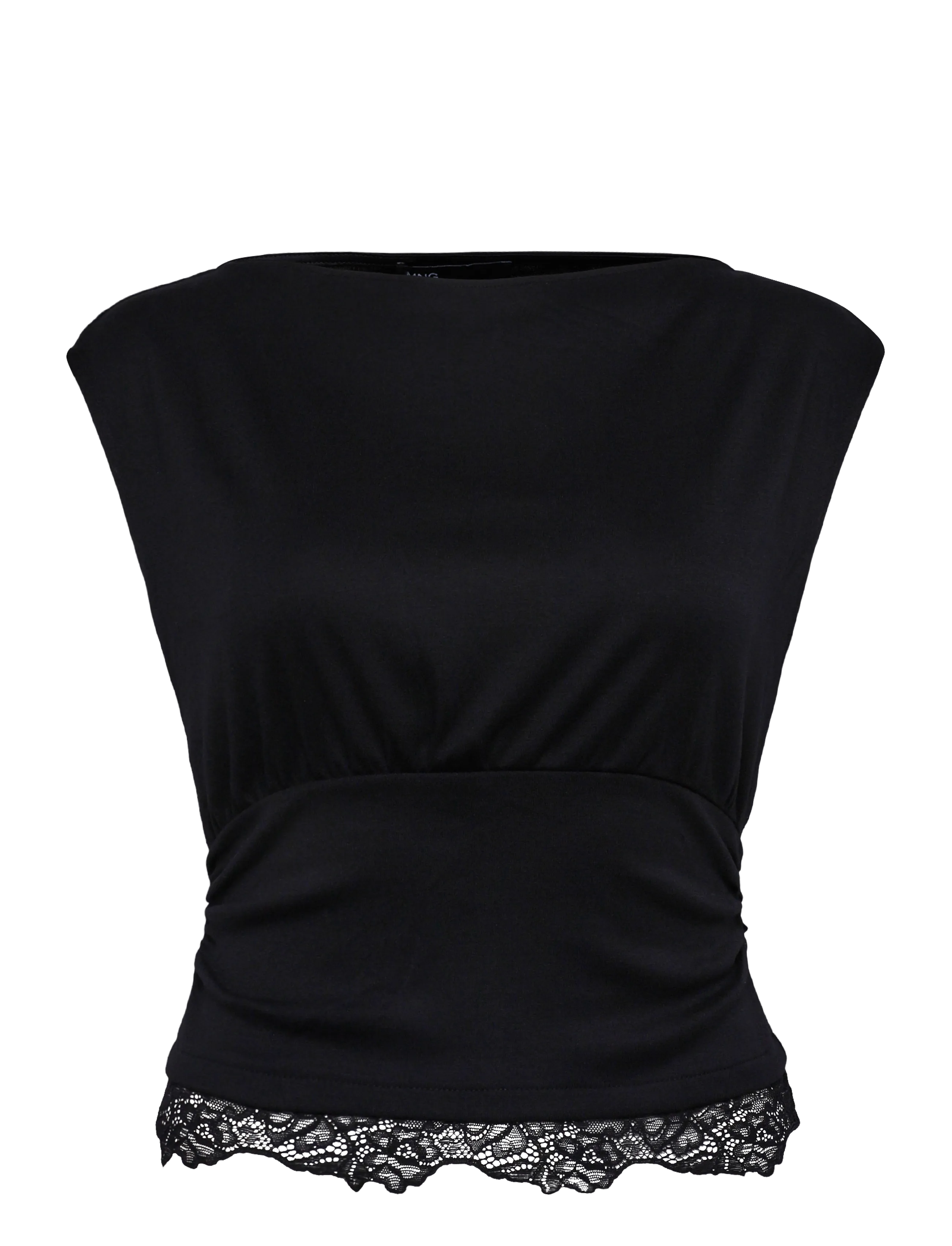 Mango Ruched lace top - Tøj - BLACK / black