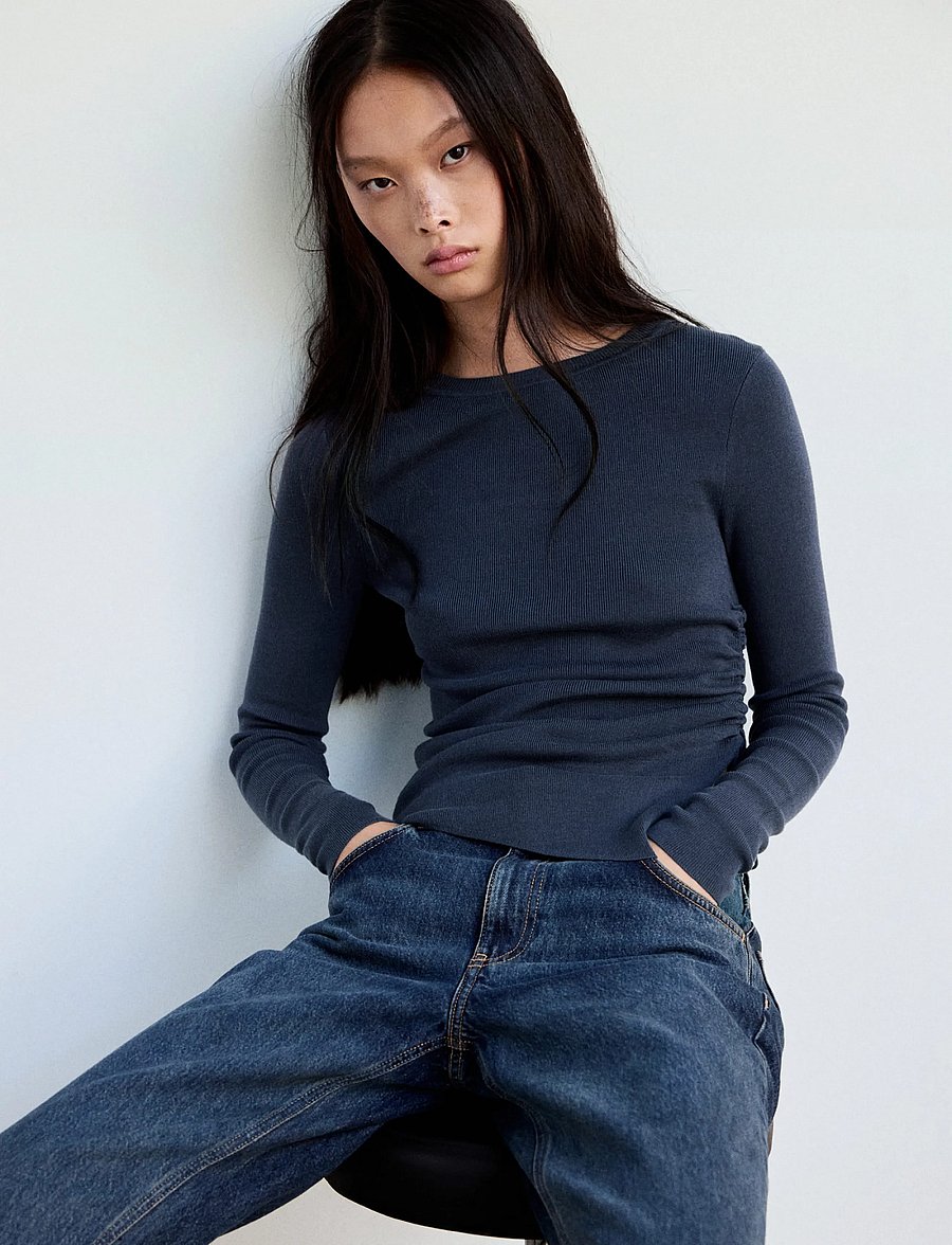 Mango - Ruched fine-knit sweater - dark blue - 0
