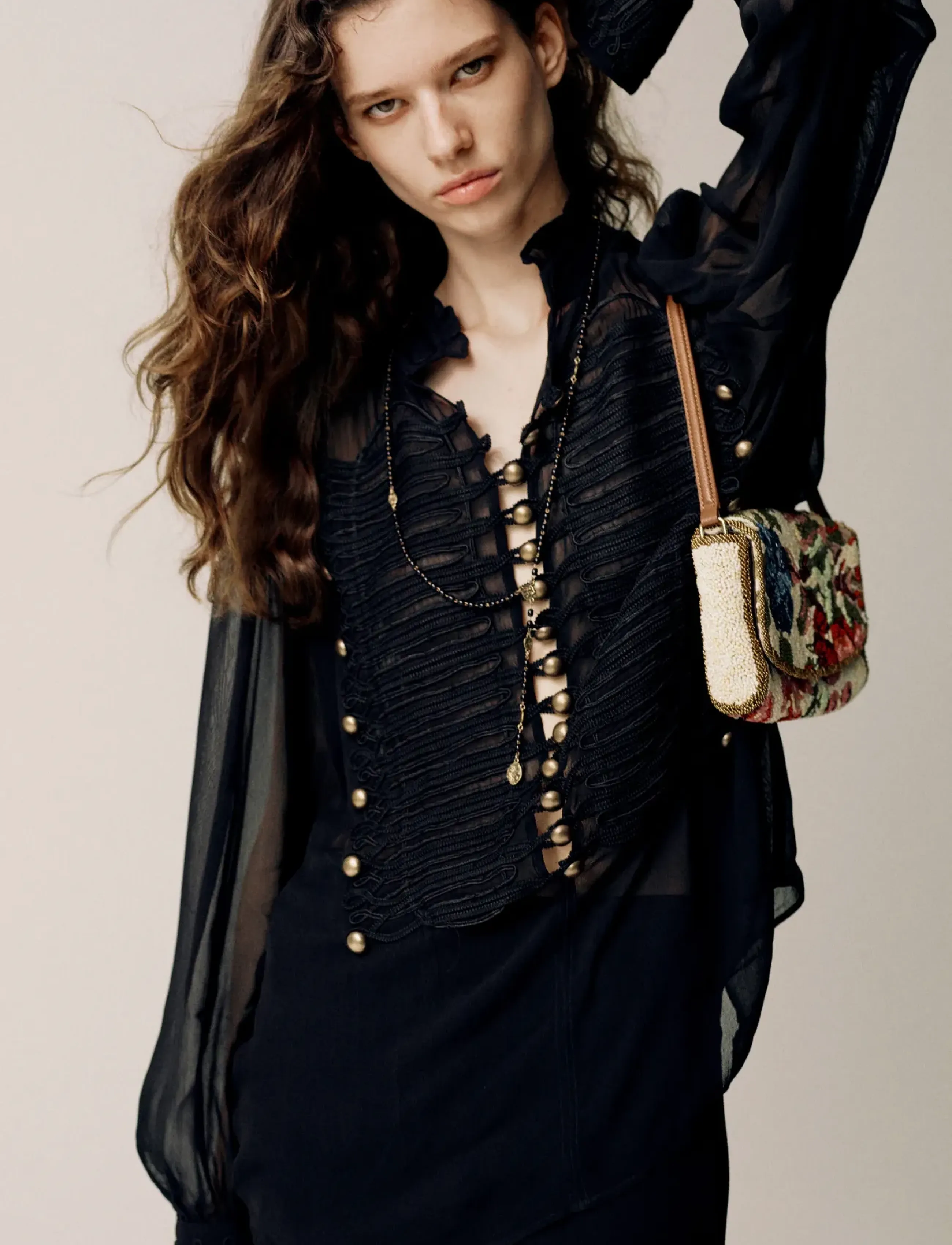 Mango - Chiffon blouse with frog closures - långärmade blusar - black - 0