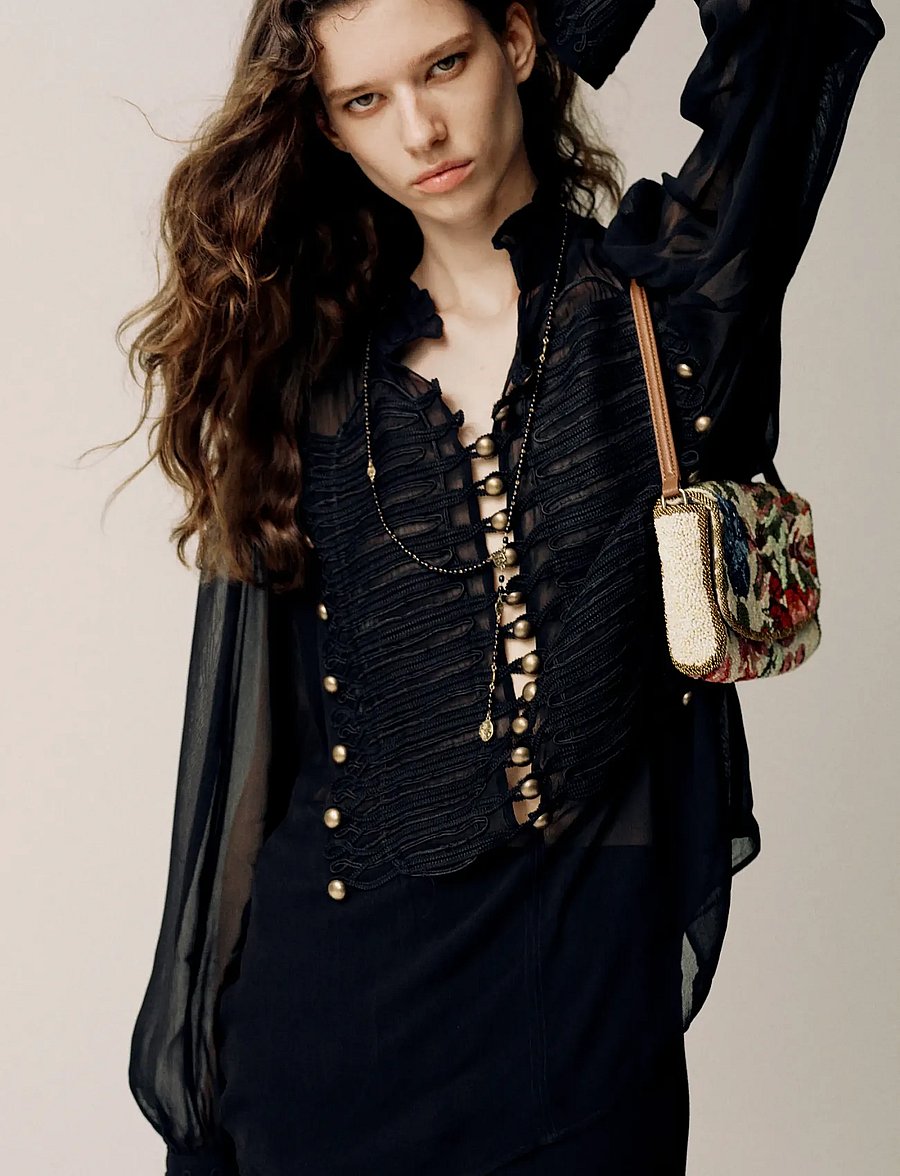 Mango - Chiffon blouse with frog closures - långärmade blusar - black - 0