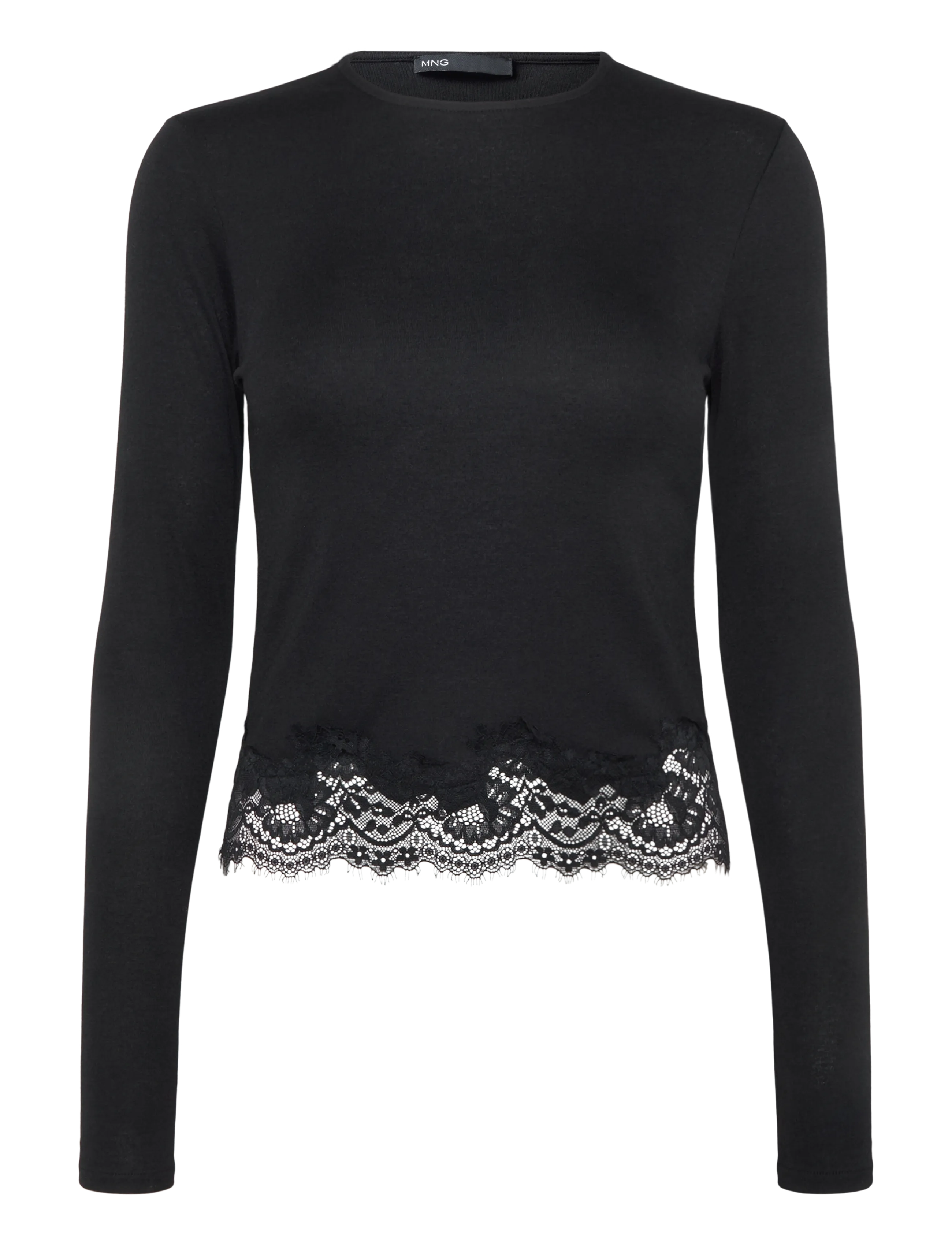Mango Fitted T-shirt with lace trim - Tøj - BLACK / black