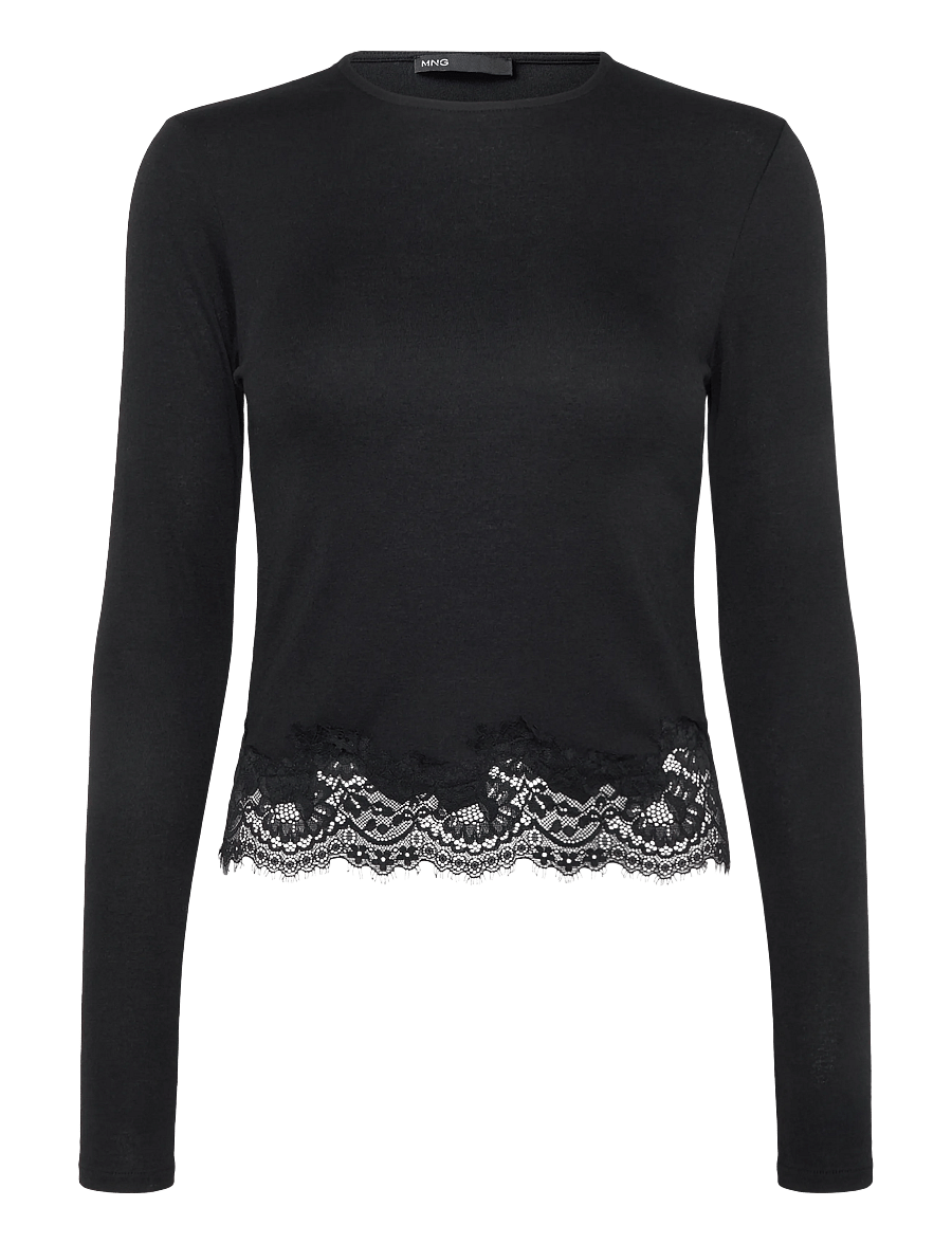 Mango - Fitted T-shirt with lace trim - langærmede toppe - black - 1