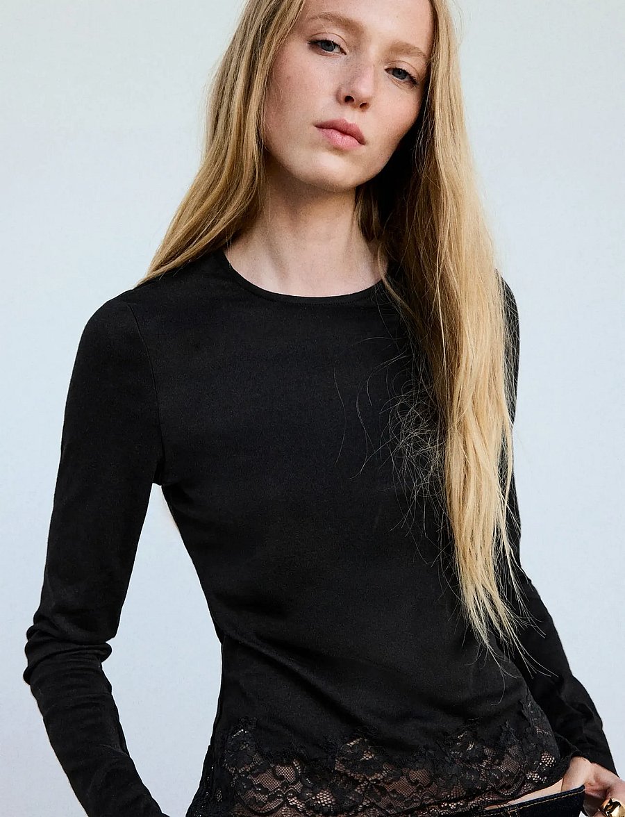 Mango - Fitted T-shirt with lace trim - langærmede toppe - black - 0