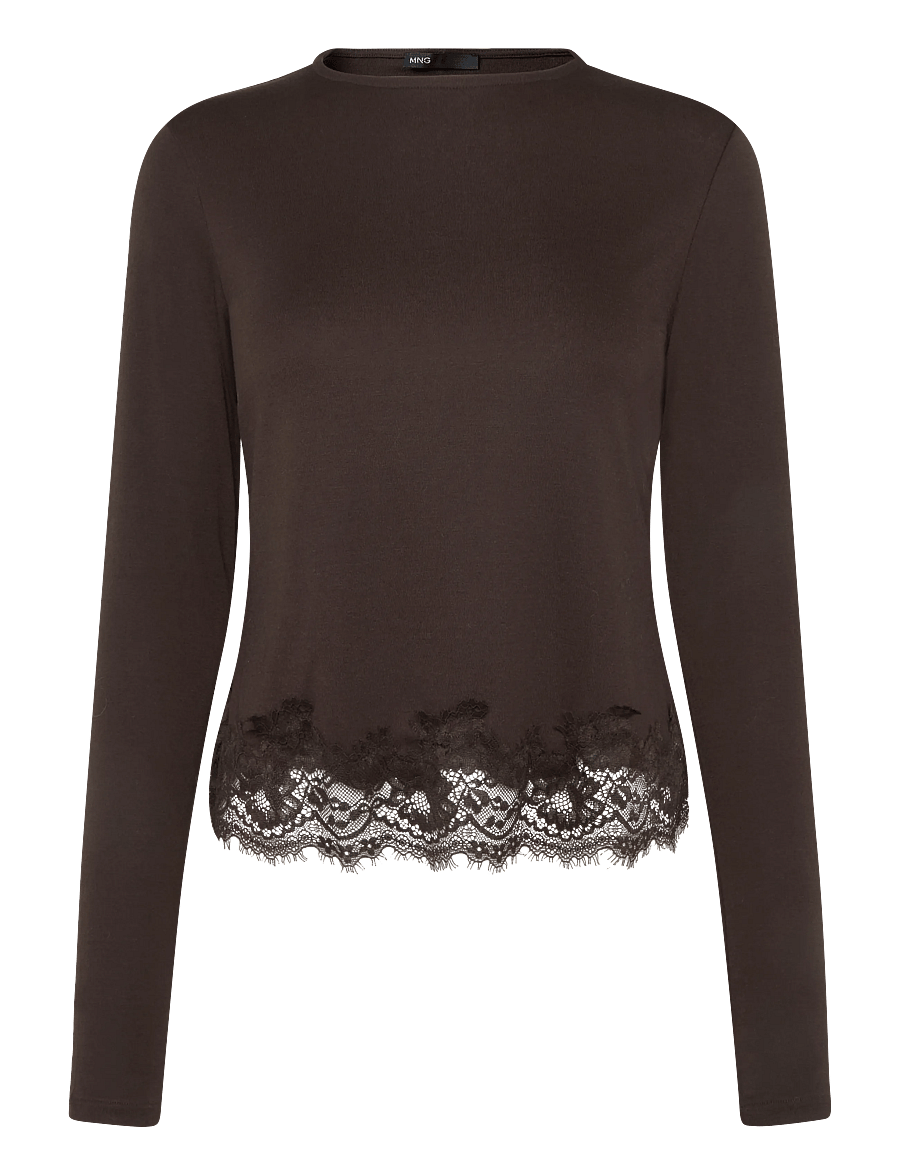 Mango - Fitted T-shirt with lace trim - langærmede toppe - brown - 0