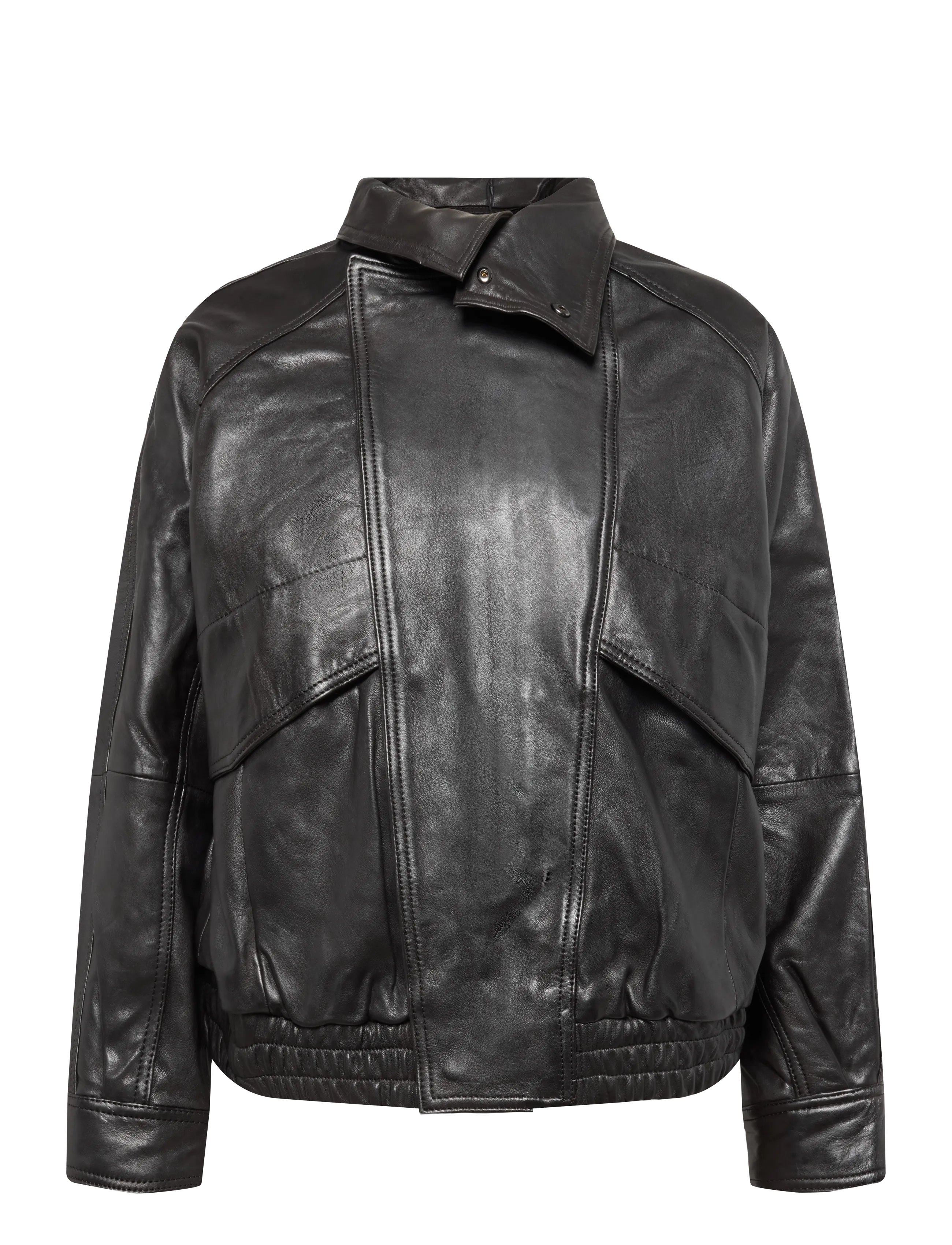 Mango Oversized leather jacket with funnel neck - Streetstyle - DARK BROWN / brown