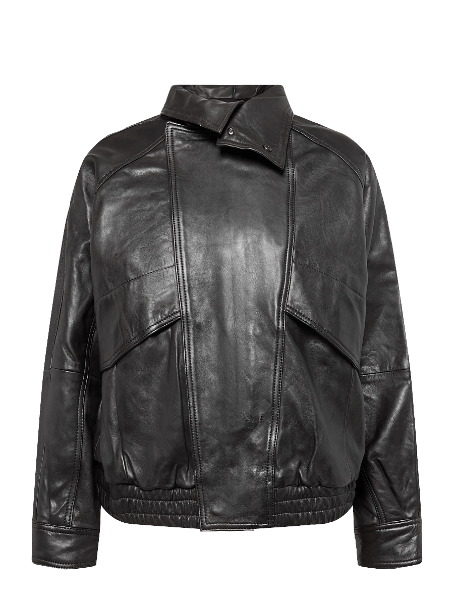Mango - Oversized leather jacket with funnel neck - bomberjakker - dark brown - 0