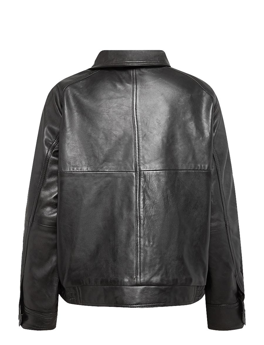 Mango - Oversized leather jacket with funnel neck - bomberjakker - dark brown - 1