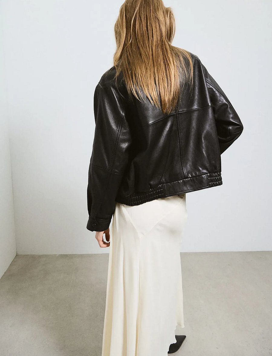 Mango - Oversized leather jacket with funnel neck - bomberjakker - dark brown - 3