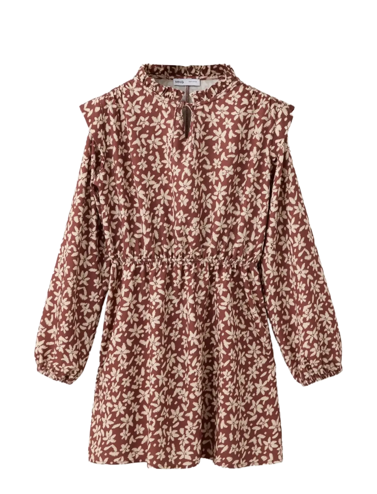 Mango Floral Print Dress, Geblümtes Langarm Mini Kleid, Burgunderrot, Gr.8
