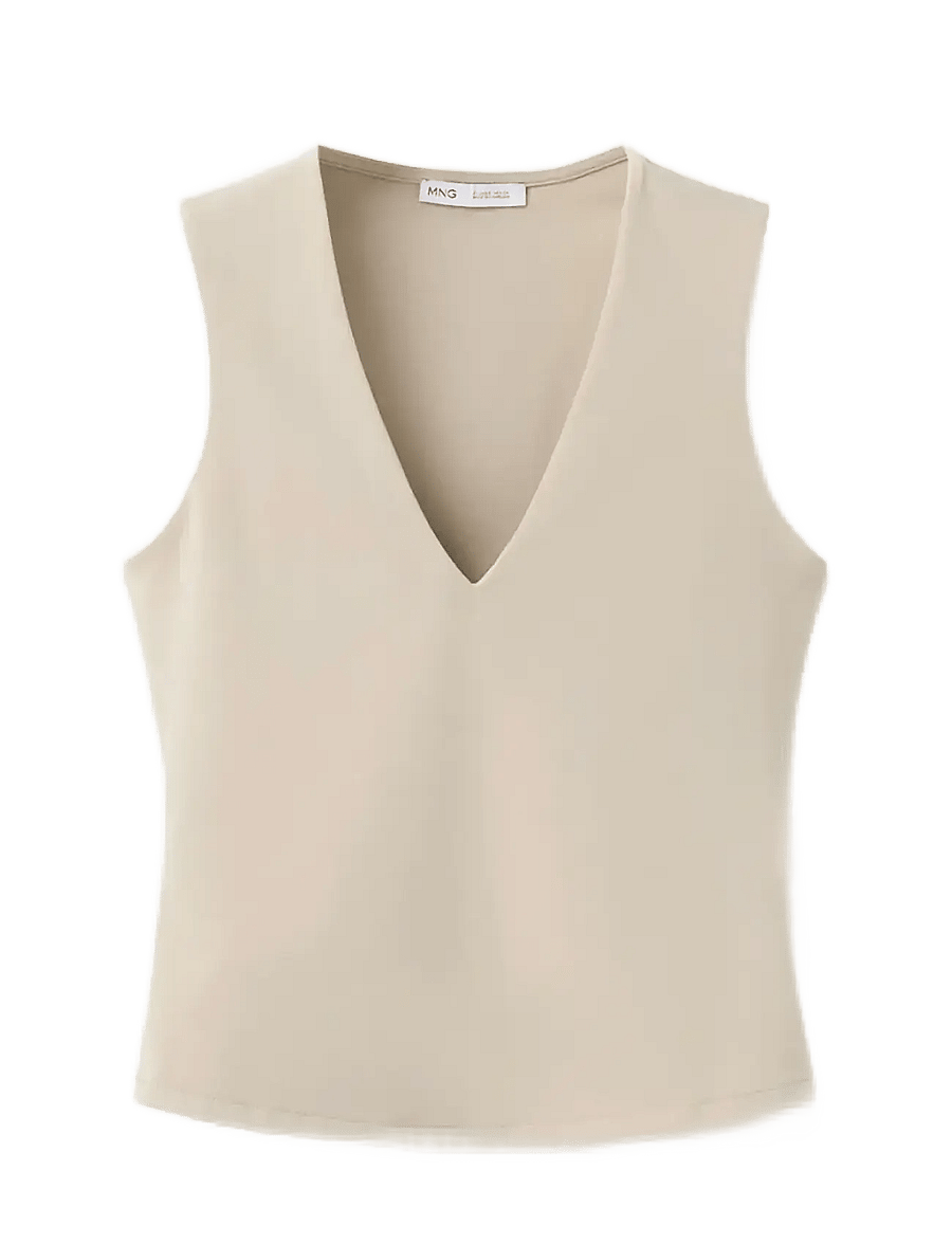 Mango - Fitted V-neck top - linnen - light beige - 1