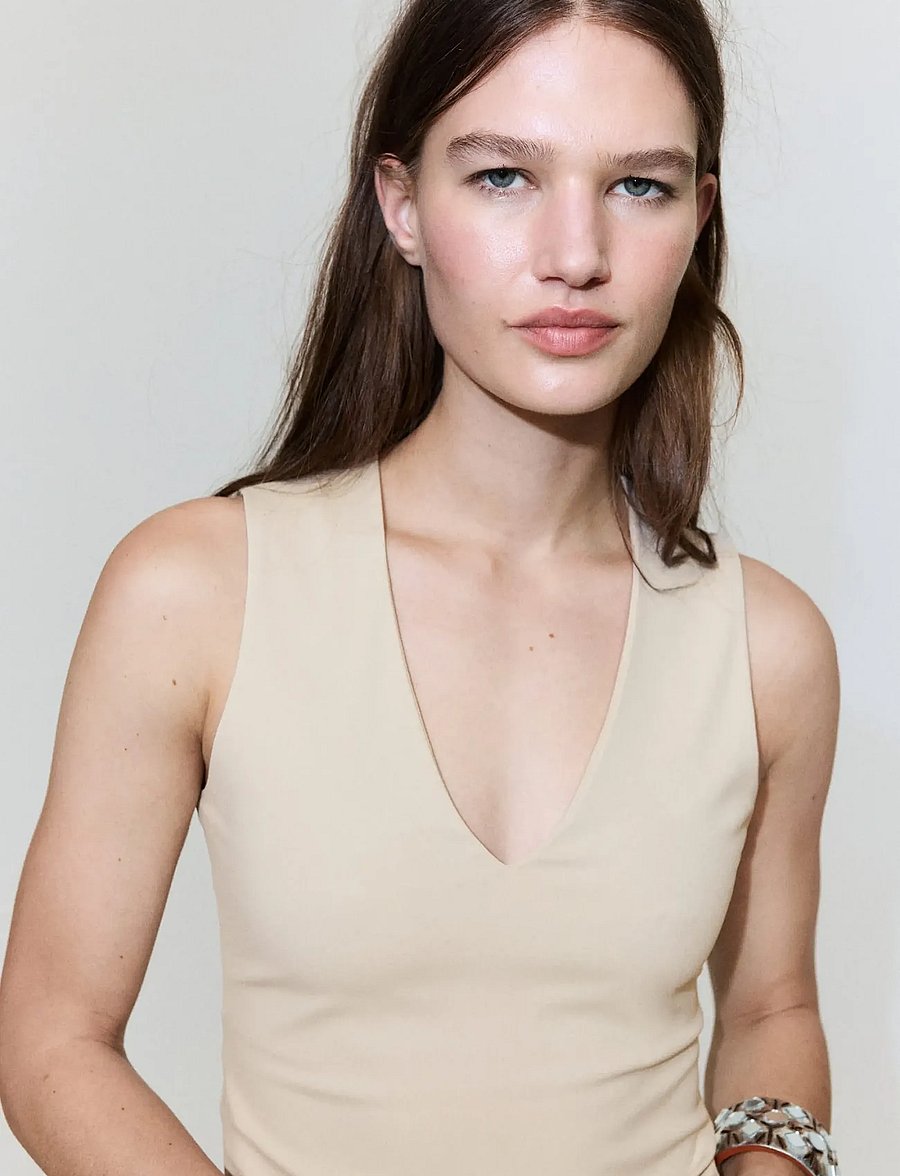 Mango - Fitted V-neck top - linnen - light beige - 0