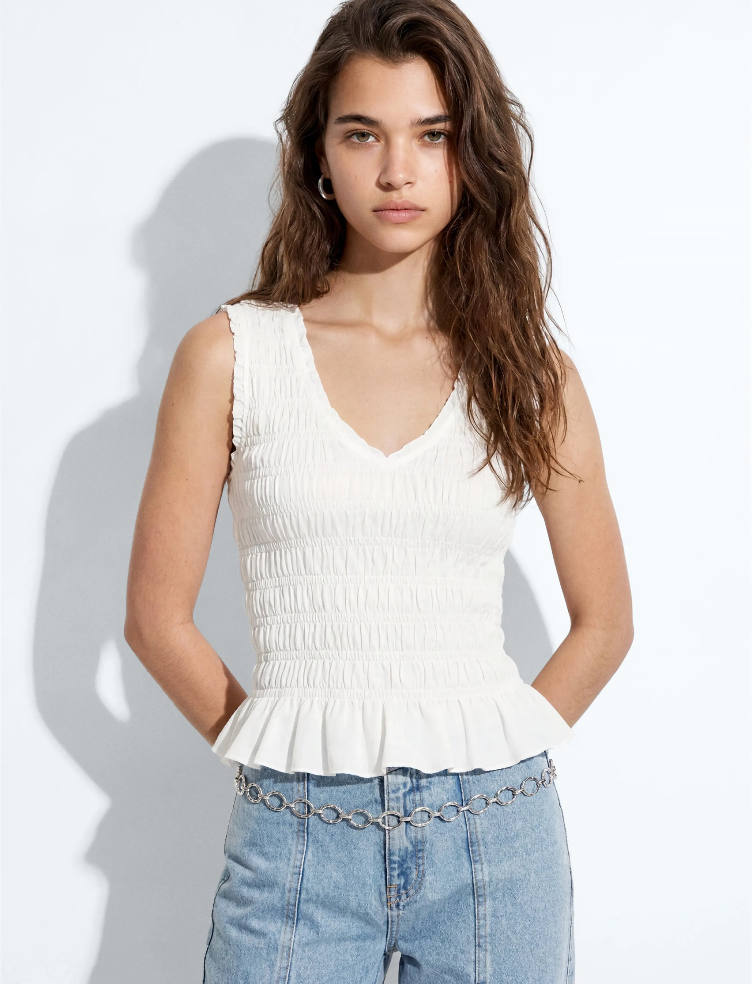 Mango Ruched cotton top - Toppar & T-shirts - NATURAL WHITE / white