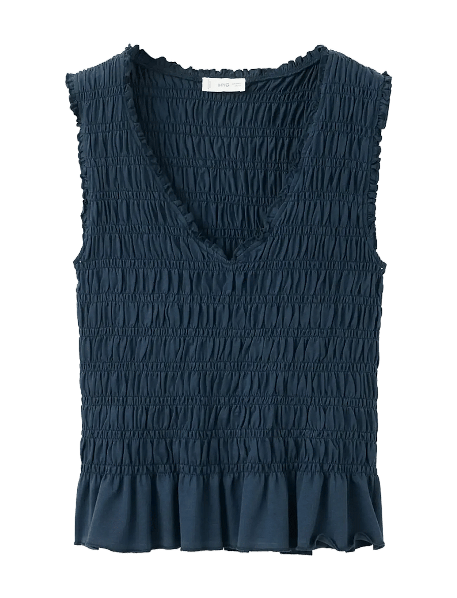 Mango - Ruched cotton top - linnen - navy - 1