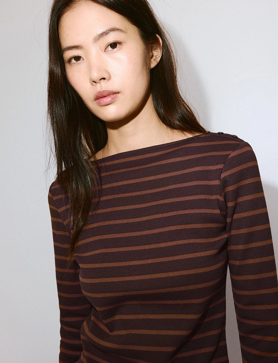 Mango - Striped cotton T-shirt - langærmede toppe - brown - 0