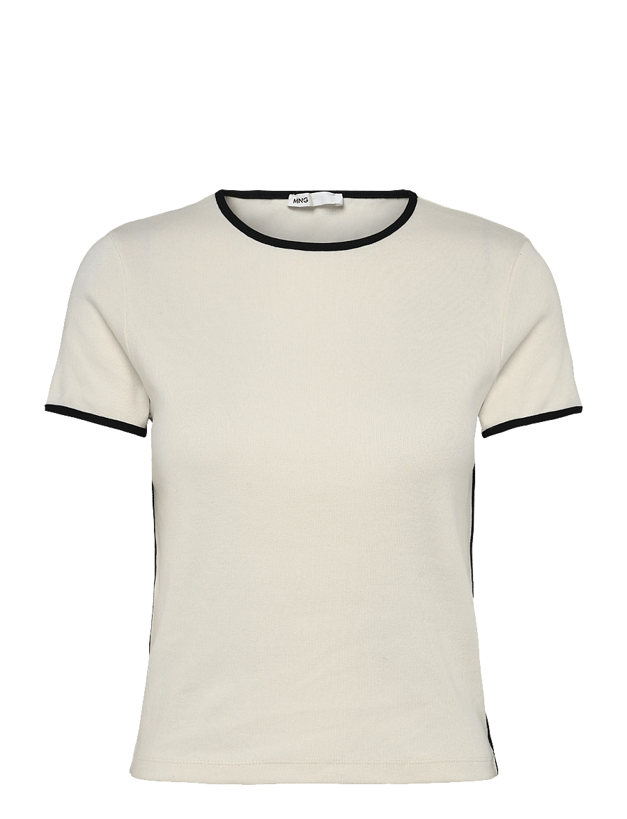 Mango - Cotton t-shirt with contrasting trim - t-shirts - light beige - 0