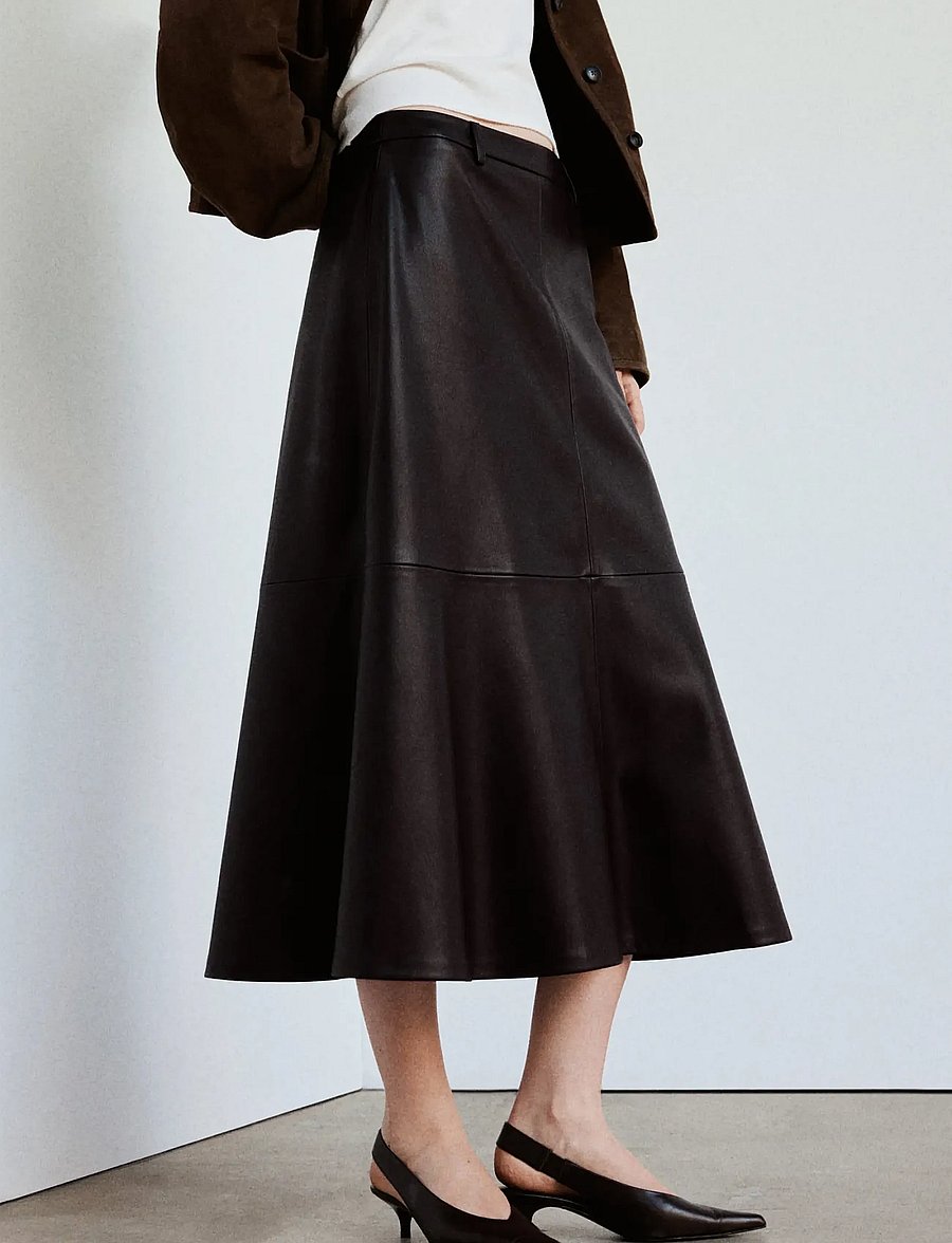 Mango - Faux leather A-line skirt - midi kjolar - dark brown - 0