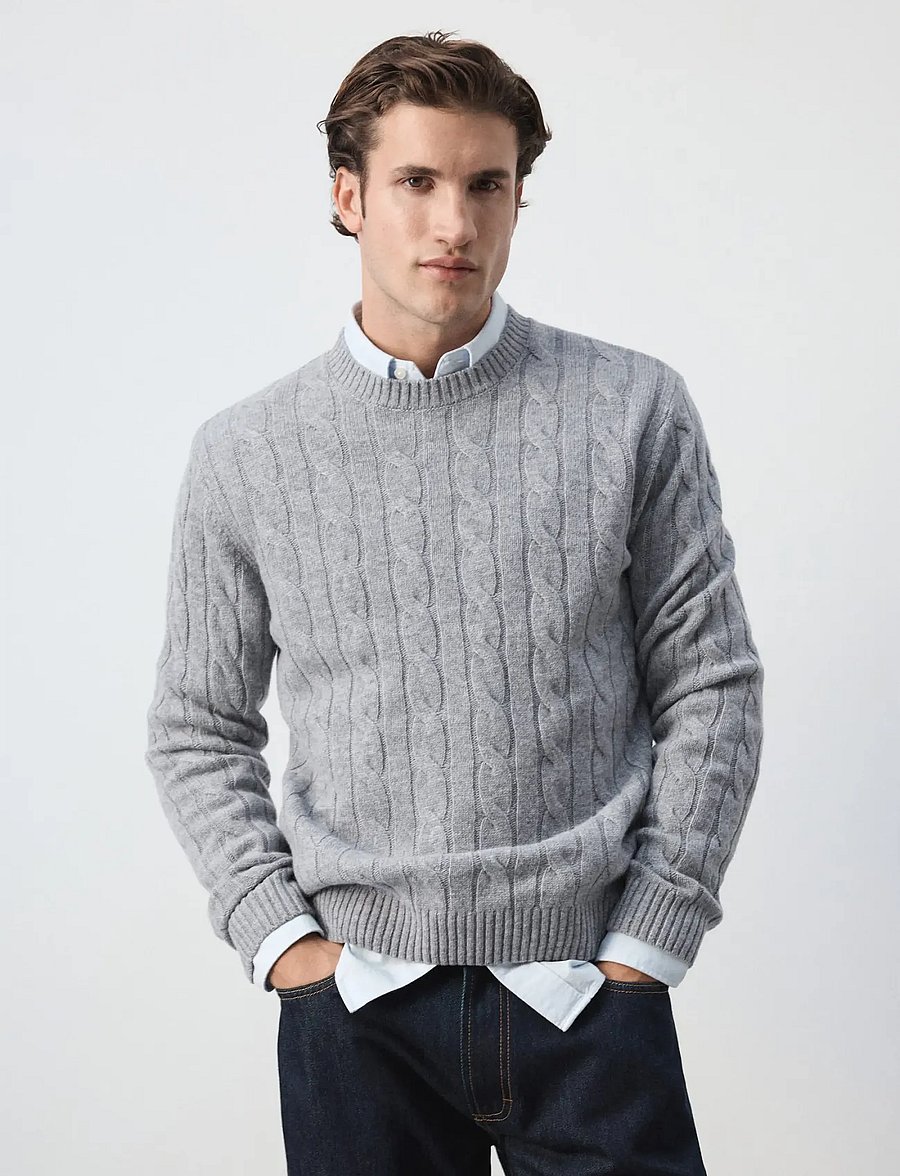 Mango - 100% wool cable-knit jumper - rund hals - medium grey - 0