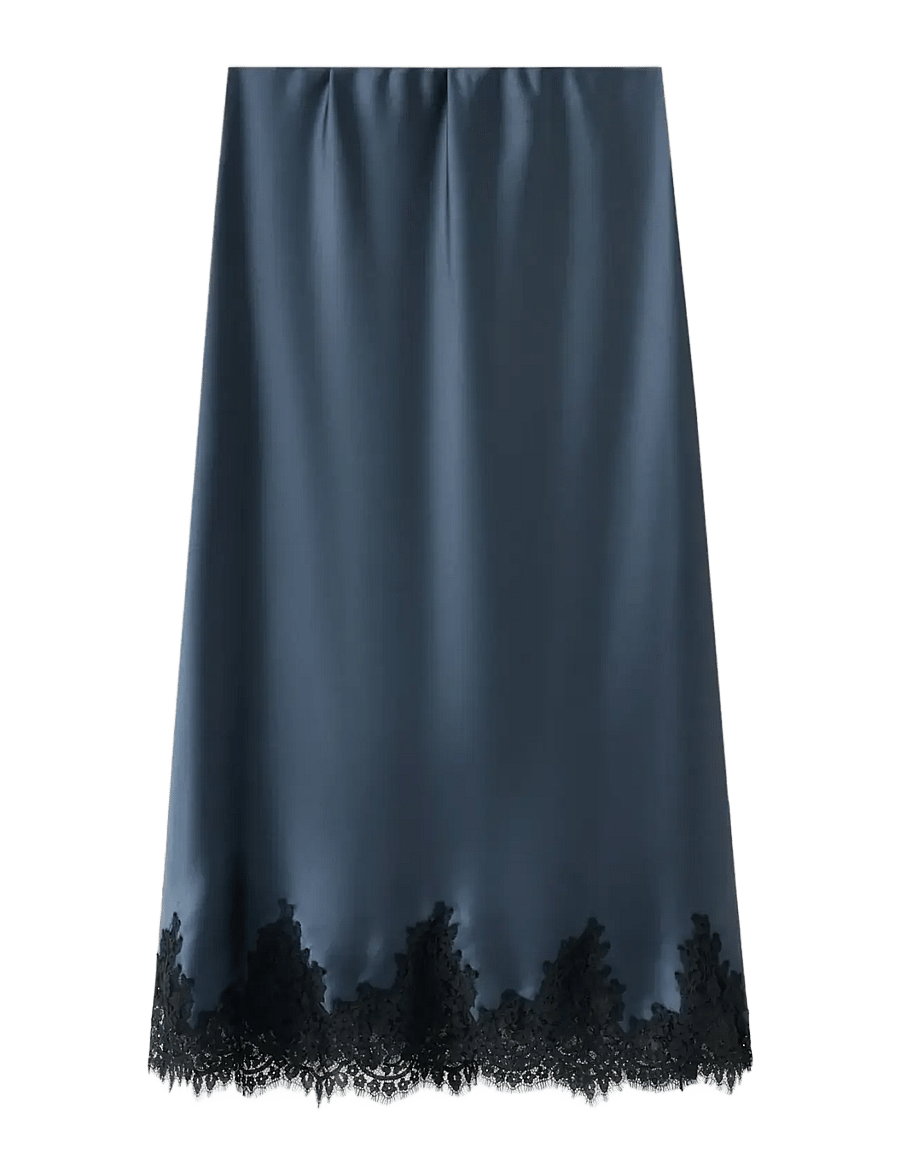 Mango - Satin skirt with lace trim - satinkjolar - navy - 0