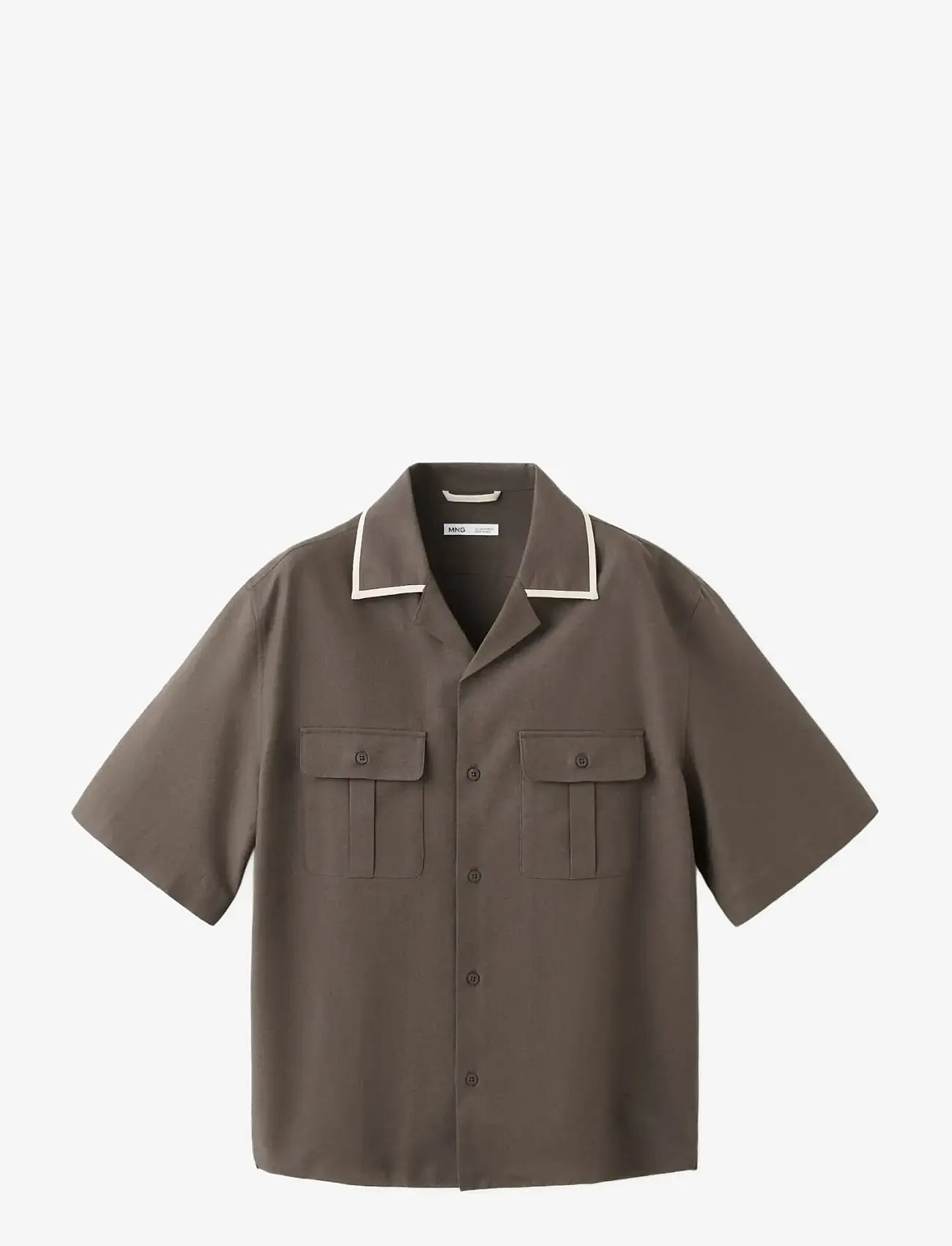 Mango - Linen cotton camp collar shirt - kortærmede skjorter - dark brown - 1